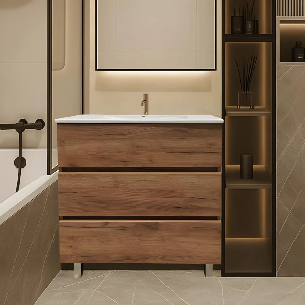 Mueble Baño con Lavabo 80 cm Compacto Preinstalado con Pie de Porcelana