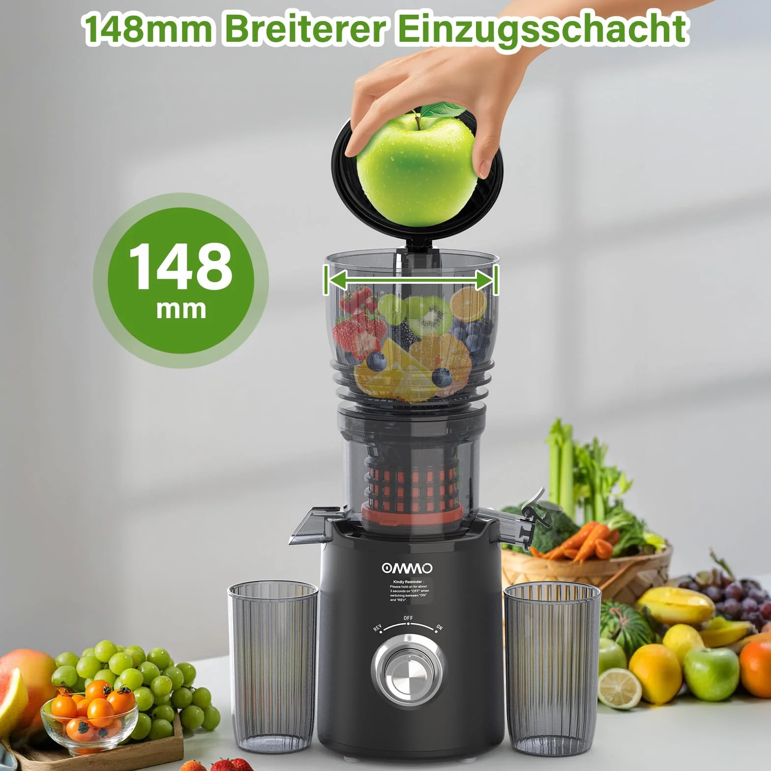 OMMO Extractor de Zumos y Verduras, 300W Exprimidor de Frutas y Verduras con Apertura de 148 MM, Extractor de Jugo Juicer Machine, Sin BPA, Negro