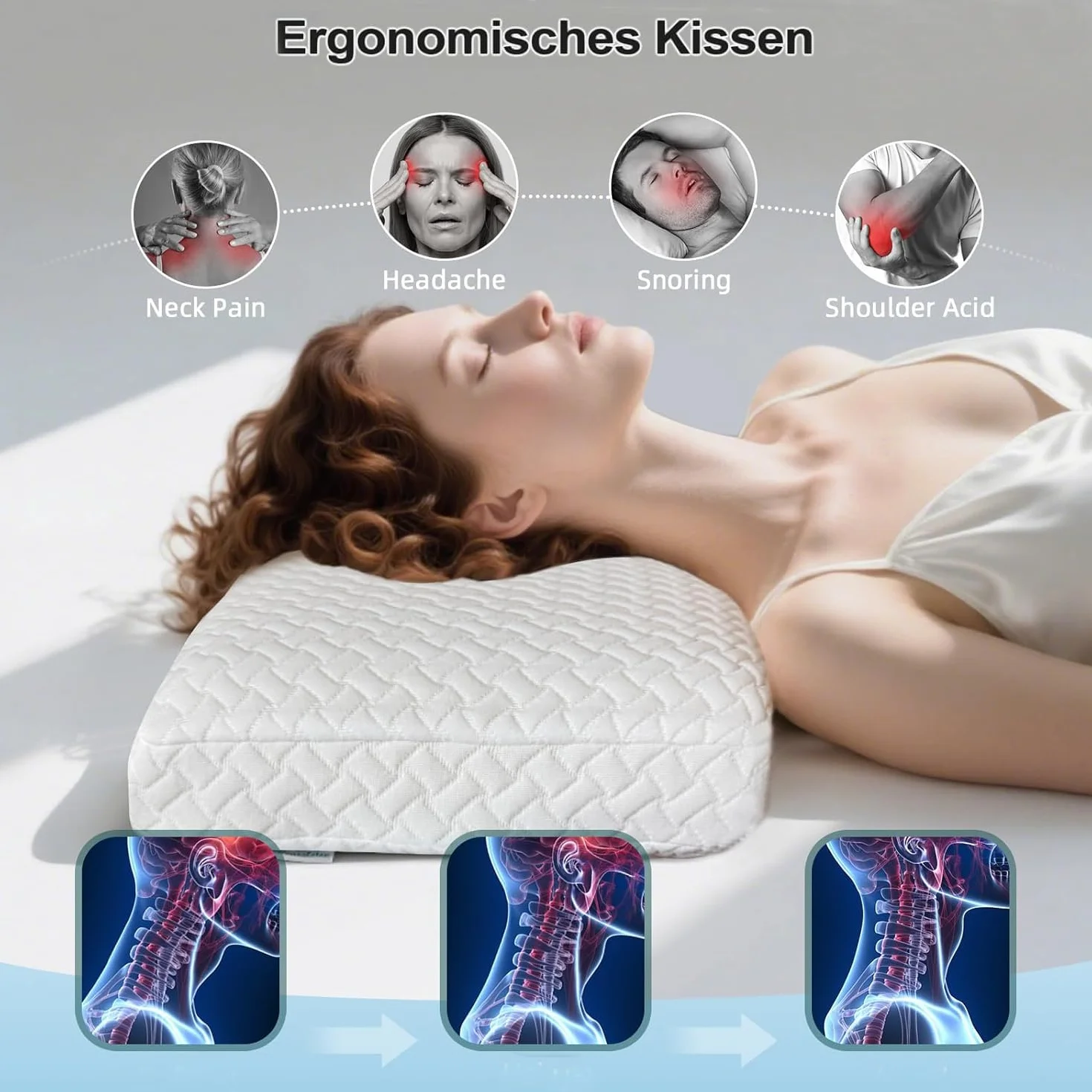 Almohada de espuma viscoelástica para un sueño reparador, cojín cervical ergonómico de alta densidad para dormir de lado y de espalda (blanco)