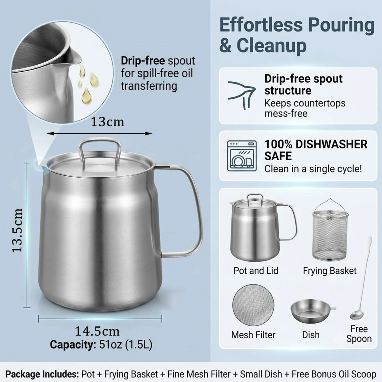 Genérico Olla Colador De Aceite Multifuncional 2 En 1, Freidora De 1.5 L (51 Oz) Con Cesta, Filtro De Malla Fina Y Cucharón De Acero Inoxidable Gratis