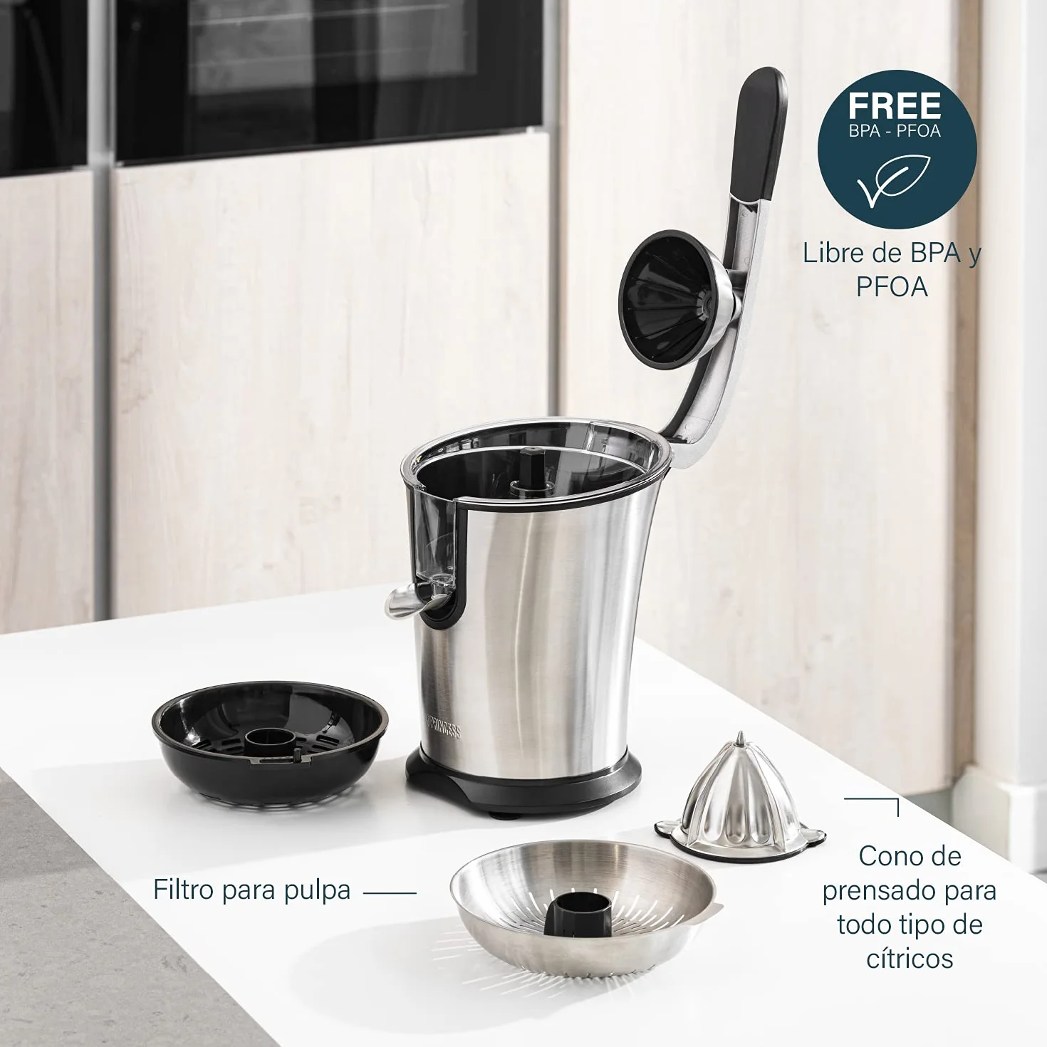 Princess 201860 Exprimidor de Cítricos Master Juicer Pro, Cono universal de acero inoxidable, Brazo de Palanca Profesional, Potente Motor de 300 W, Filtro para Pulpa, Depósito con Sistema Antigoteo