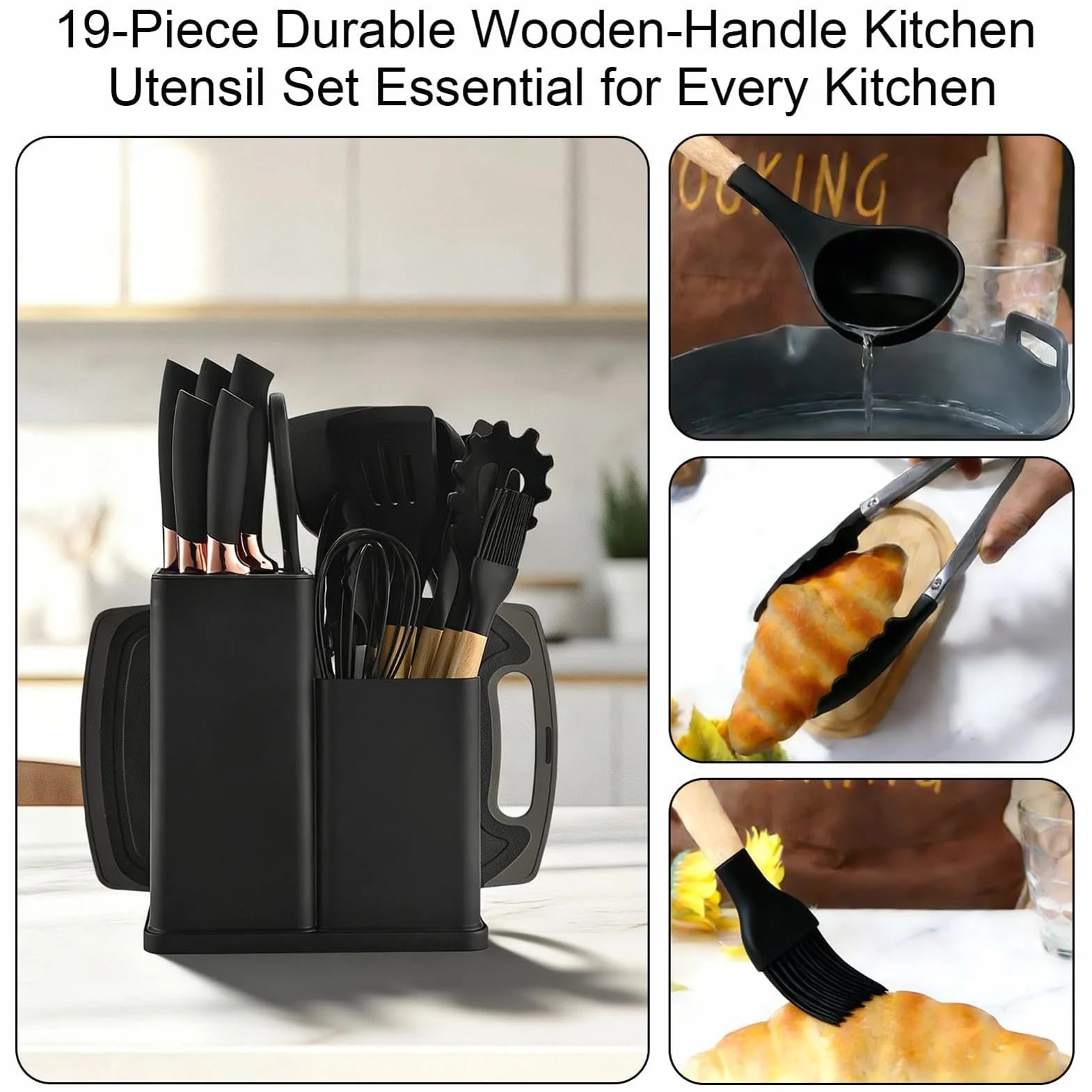 Utensilios De Cocina Kit 19 Piezas En Silicona Antiadherente Resistente Al | Juego Utensilios Con Soporte Almacenamiento Para Interior Casa Mostrador Encimera Apartamento Familia Doméstico