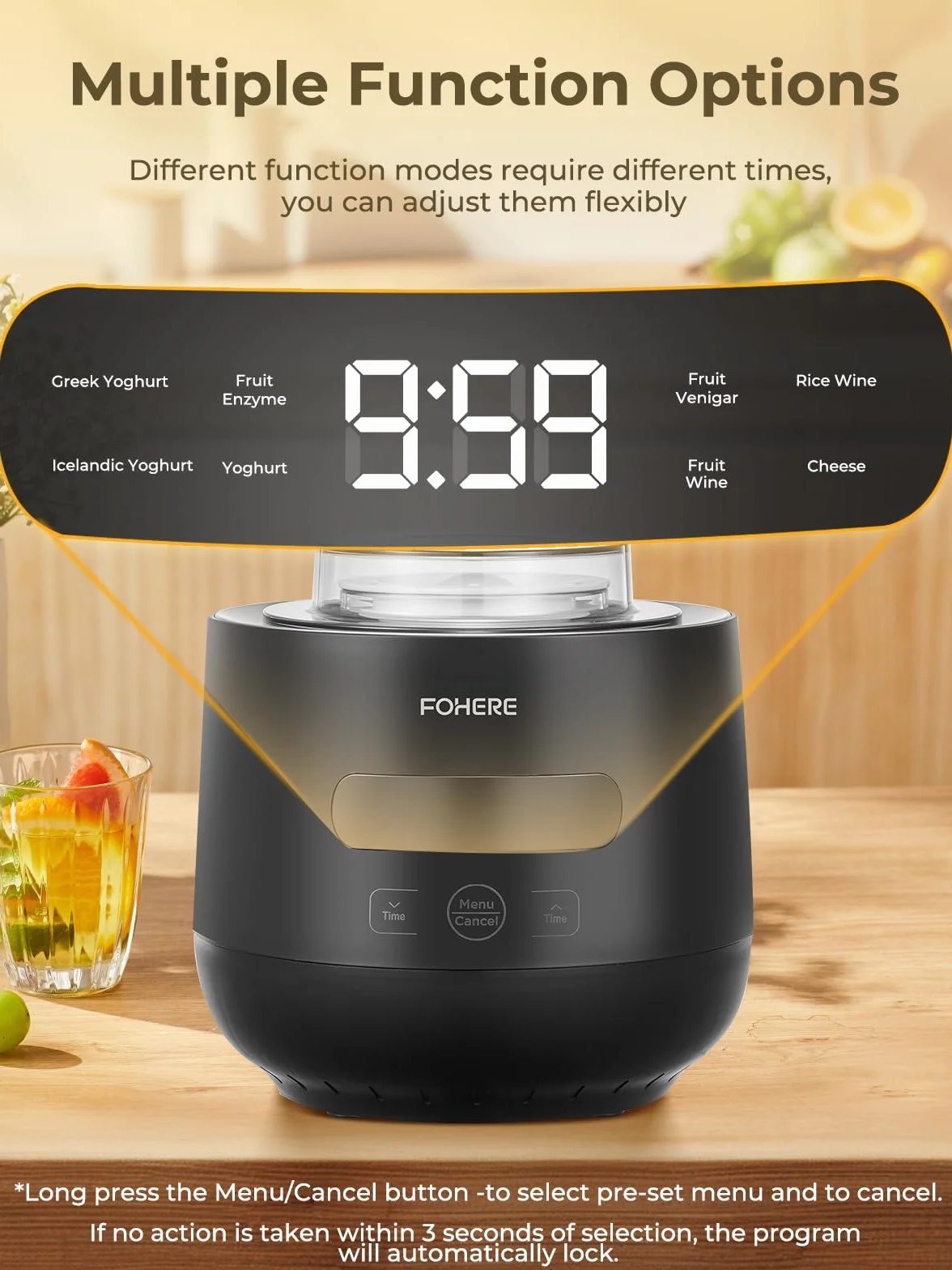 FOHERE Yogurtera con 2 XXL Tarros Capacidad de 2000 ml y 1400 ml, 4 * 125 ml Vasos y Tapa, 8 Programas Preestablecidos, Pantalla LCD, Temporizador, Potencia 20 W, Sin BPA