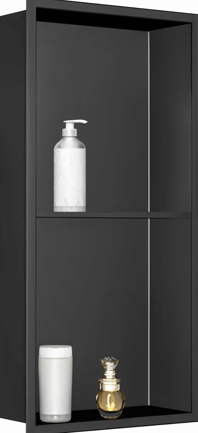 Nicho de ducha de acero inoxidable, 60 x 30 cm, color negro | 2 pisos | Nichos empotrables impermeables, solución de almacenamiento de diseño para baño moderno