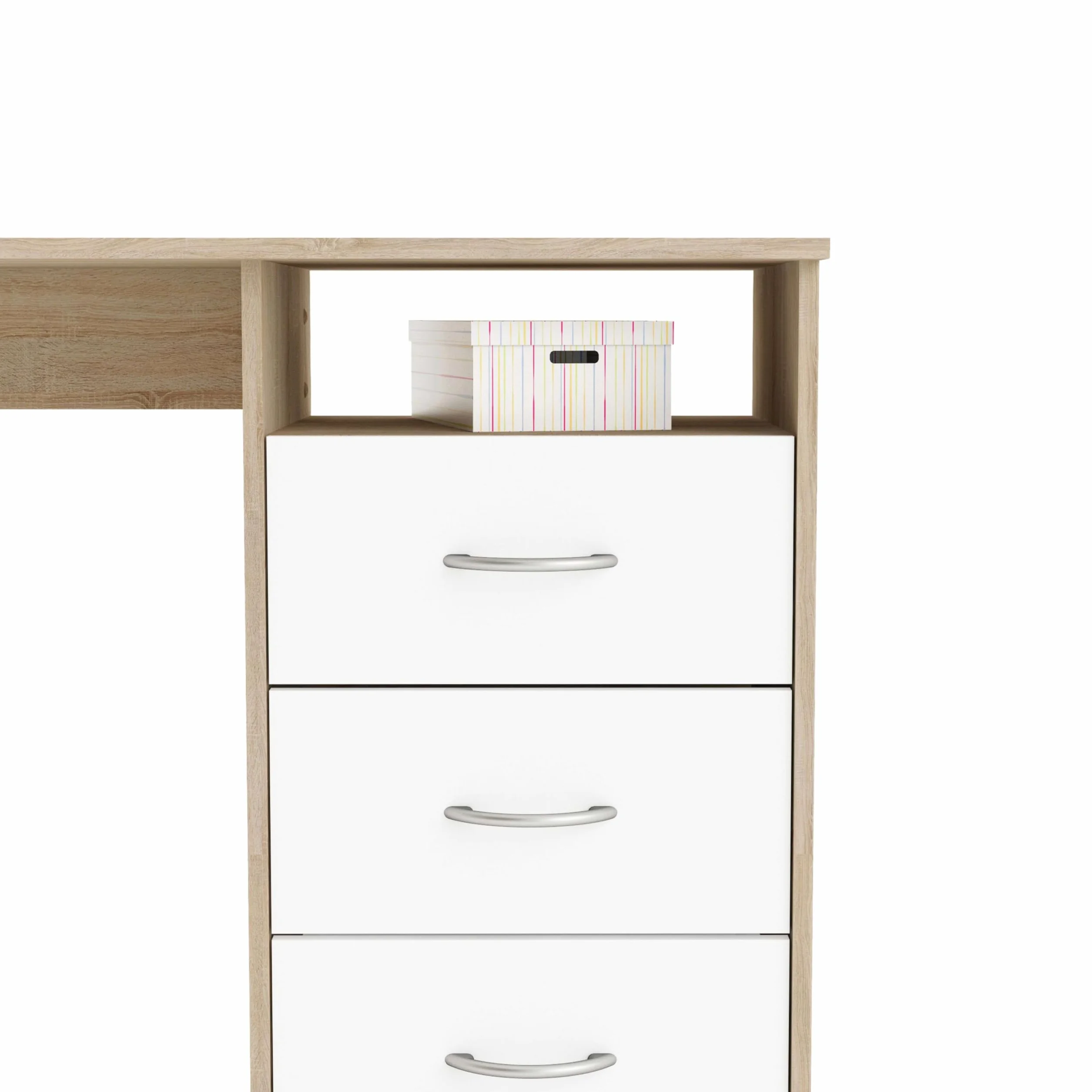 Mesa Escritorio Reversible 3 Cajones Roble y Blanco 123 cm