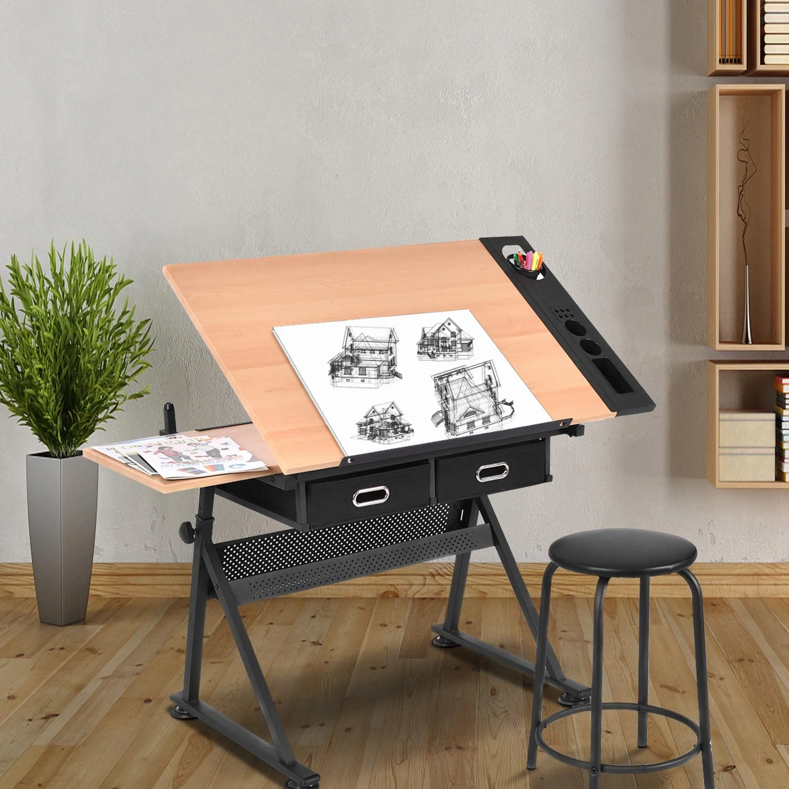 LIFEZEAL Mesa de Dibujo Regulable en Altura, 119x61,5x73,5-98 cm, Juego de Escritorio de Dibujo con Taburete para Artistas, Mesa de Arquitecto con Tablero Inclinable (Natural)