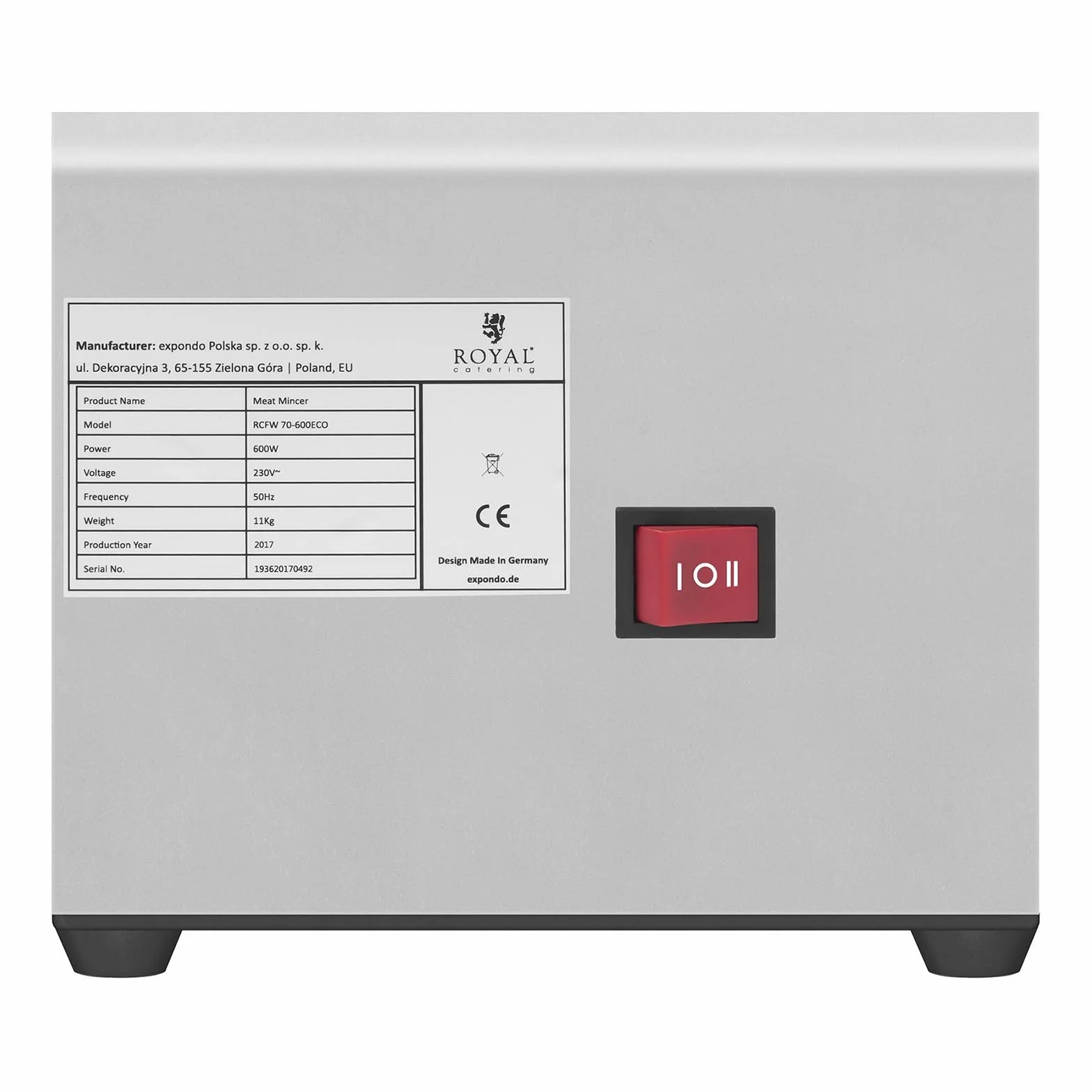 Royal Catering RCFW 70-600ECO Picadora de Carne Eléctrica Profesional (70 kg/h, 600 W, Marcha Retrógrada, Orificios de 5/7 mm, Acero Inoxidable) ECO