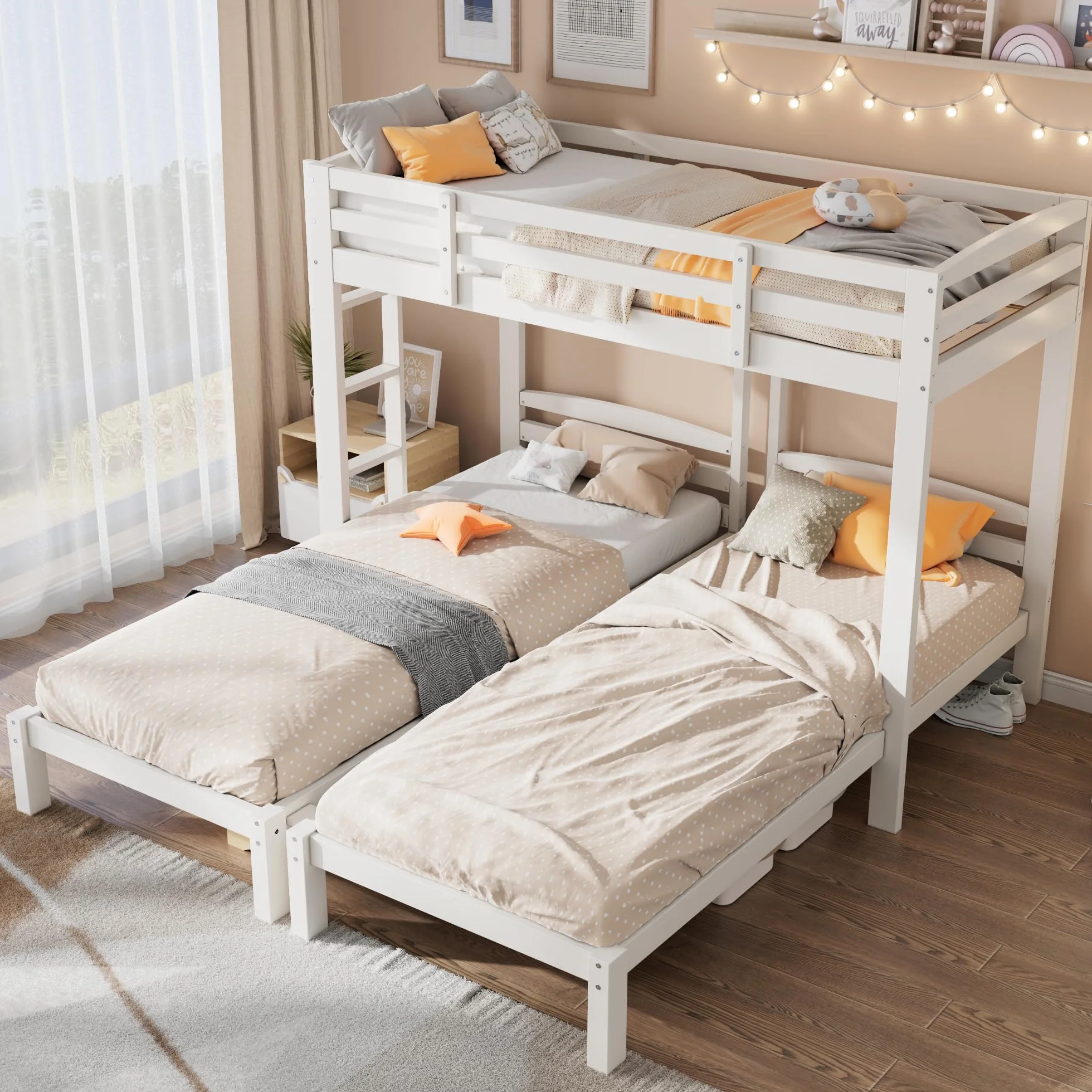 Cama Triple, litera Triple con Escalera Lateral para niños y jóvenes, Blanco (90 x 200 cm)
