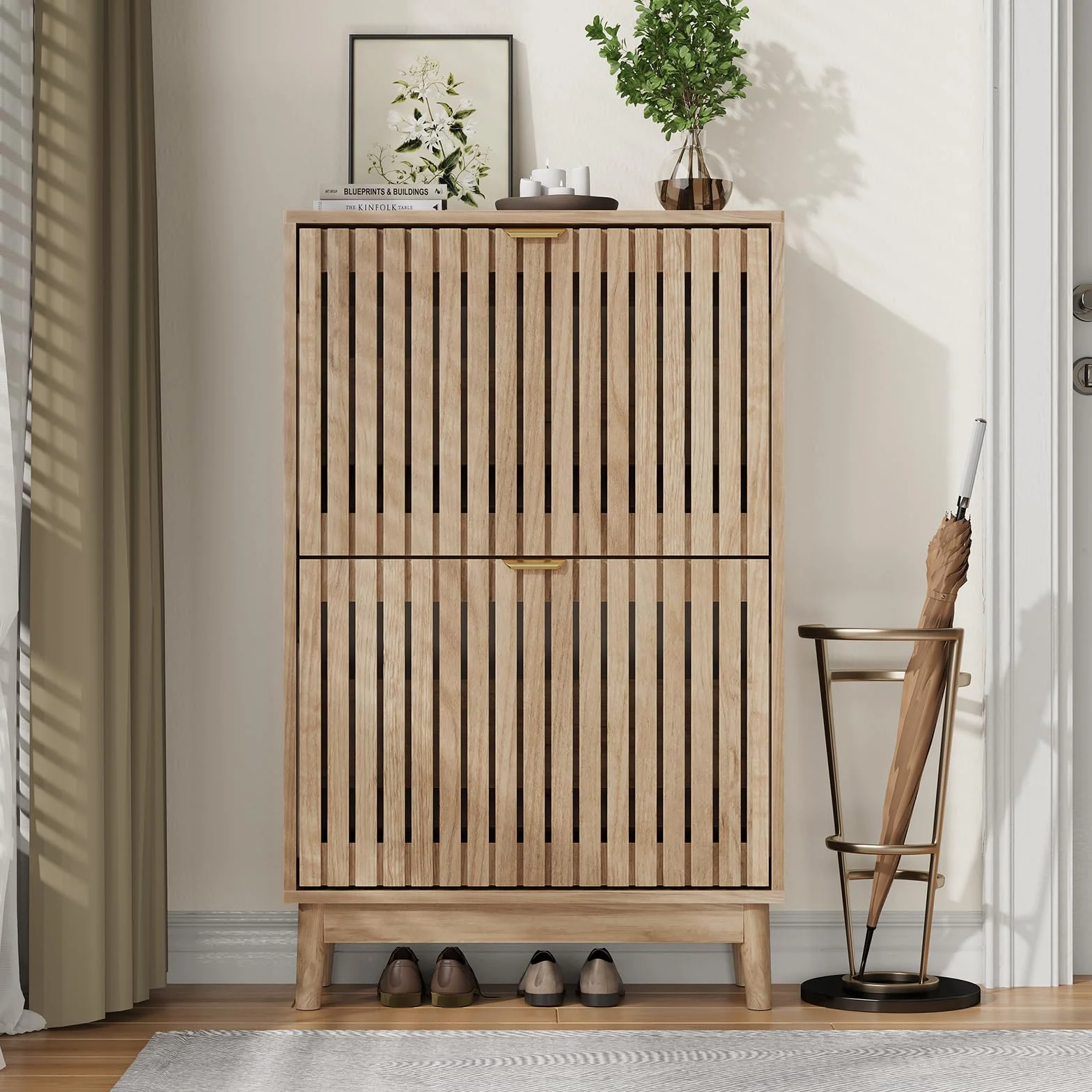 Kiasthome Mueble Zapatero de Madera con 2 Cajones Abatibles, Organizador de Zapatos con Puertas Rejilladas Ventiladas, Zapatero Moderno para Entrada, Pasillo y Salón (Natural, 60 cm)