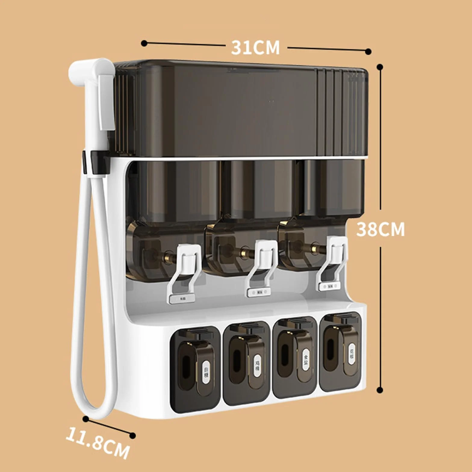 Estante Para Especias De Pared, 3 Dispensadores De Líquidos Y Caja De Almacenamiento De Condimentos De 4 Cajones Con Pistola De Aceite, Sin Taladro, Dispensador De Aceite De Gran Capacidad