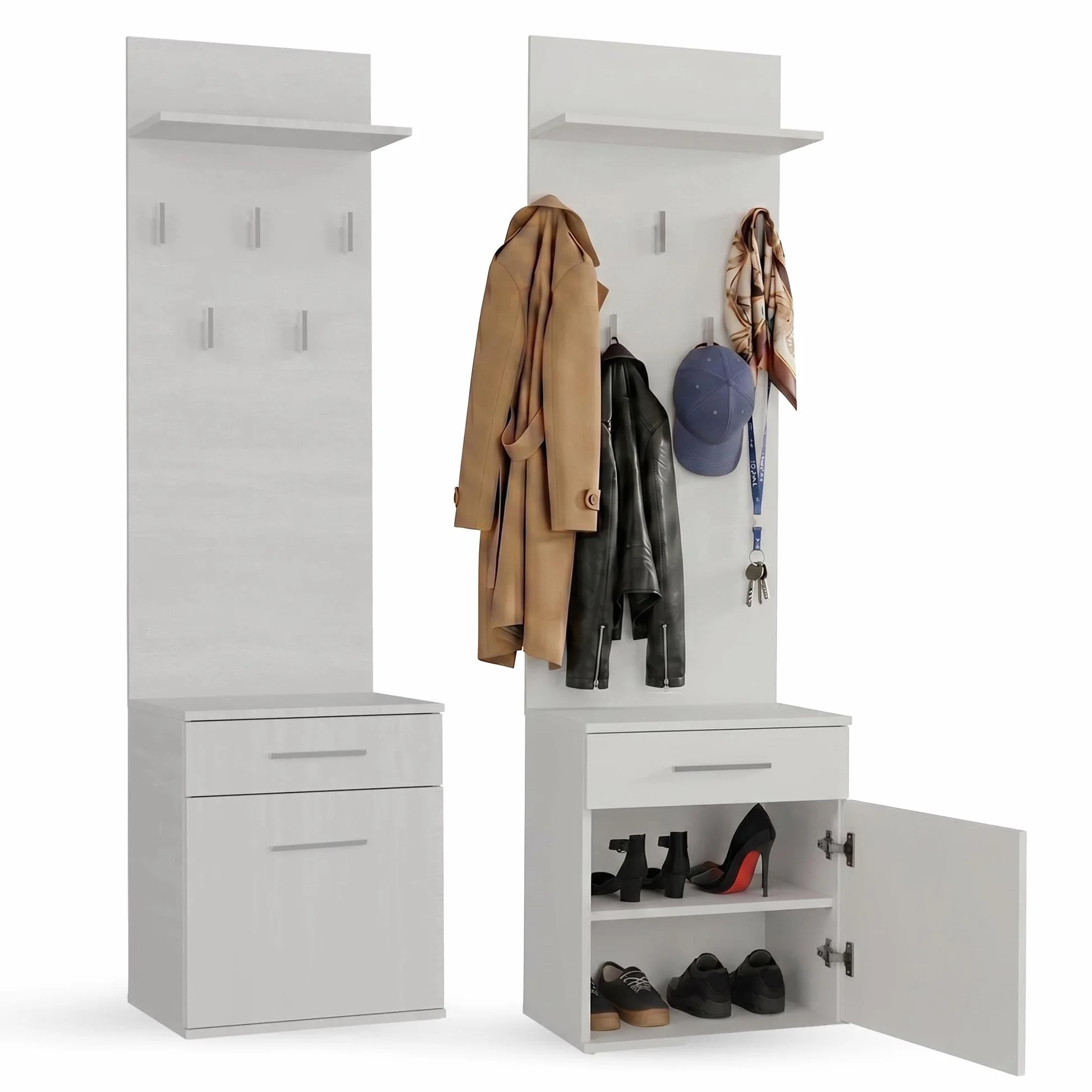 CDF Juego de Perchero Mueble Recibidor Zapatero de Entrada con y Panel 5 Ganchos Armario Entrada Conjunto de Armario/Perchero Mueble de entrad No es Necesario Hacer Agujeros Blanco