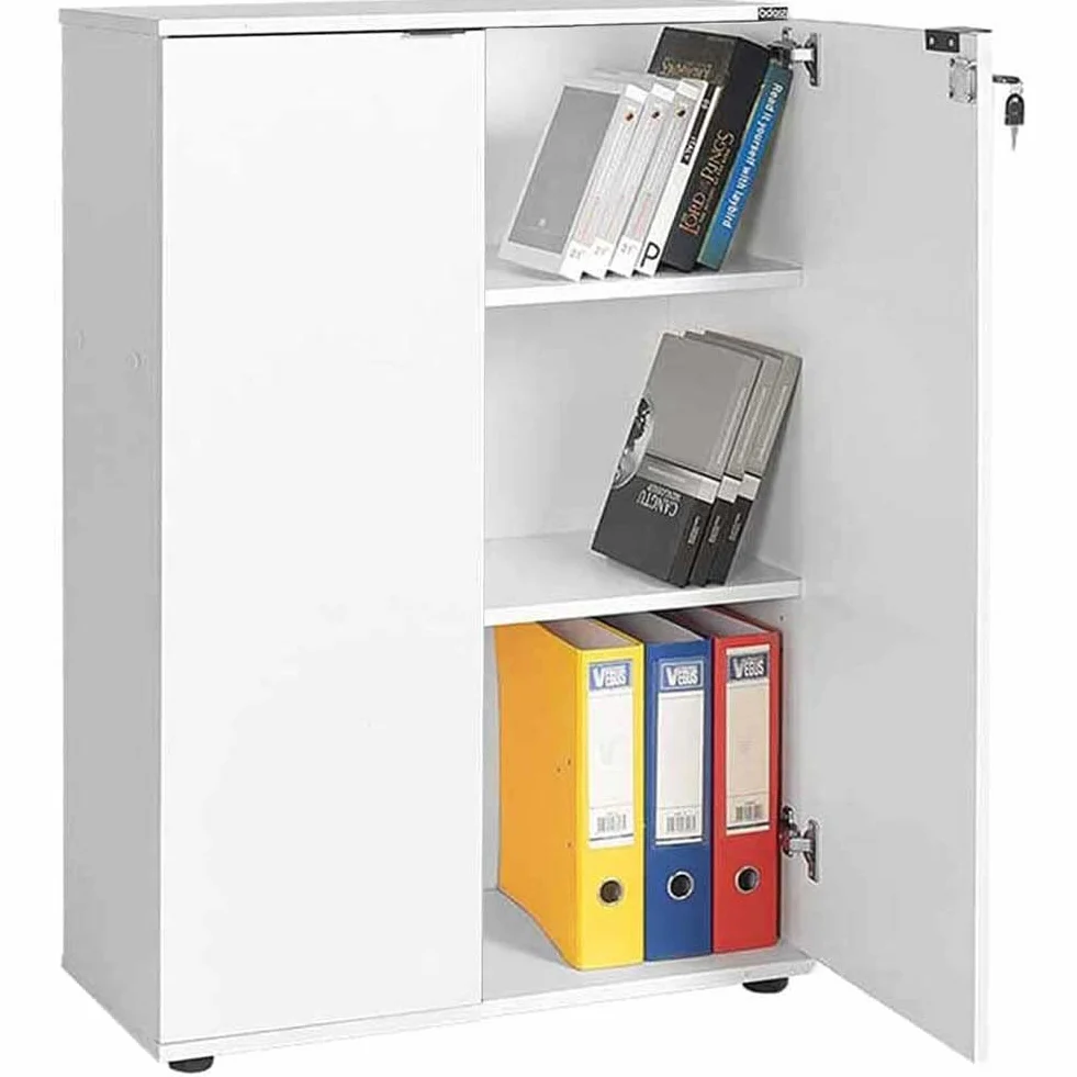 BAKAJI Armario archivador de Documentos de 2 Puertas, Mueble de Oficina, módulo de estantería, 3 estantes, para casa, Estudio, Porta Documentos con Llave y Cierre de Cerradura (Blanco)