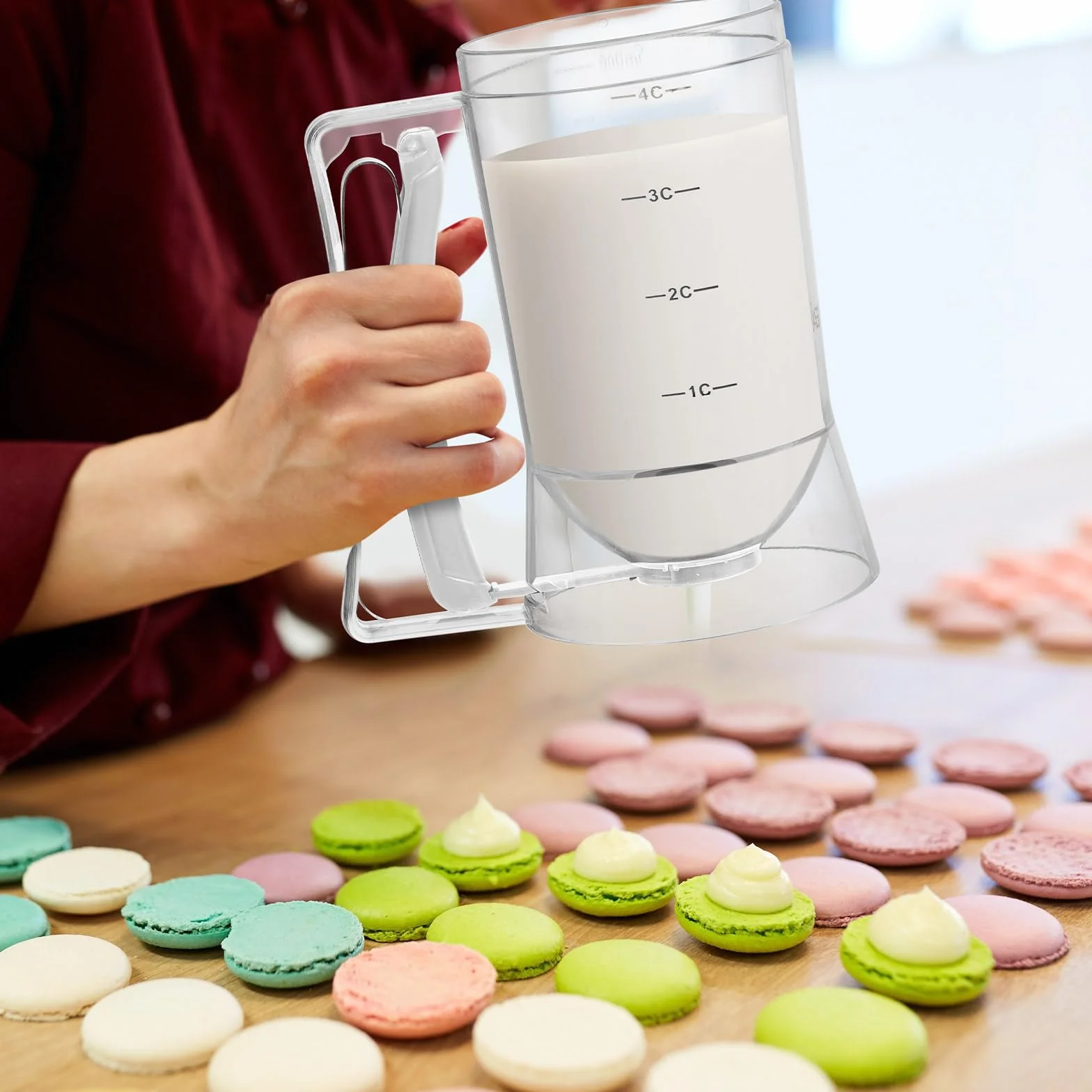 FillTouch 2 dispensadores de masa para panqueques con mango de compresión para parrilla, dispensador de mezcla, panqueques para hornear, cocina, cupcakes, galletas, gofres (blanco)