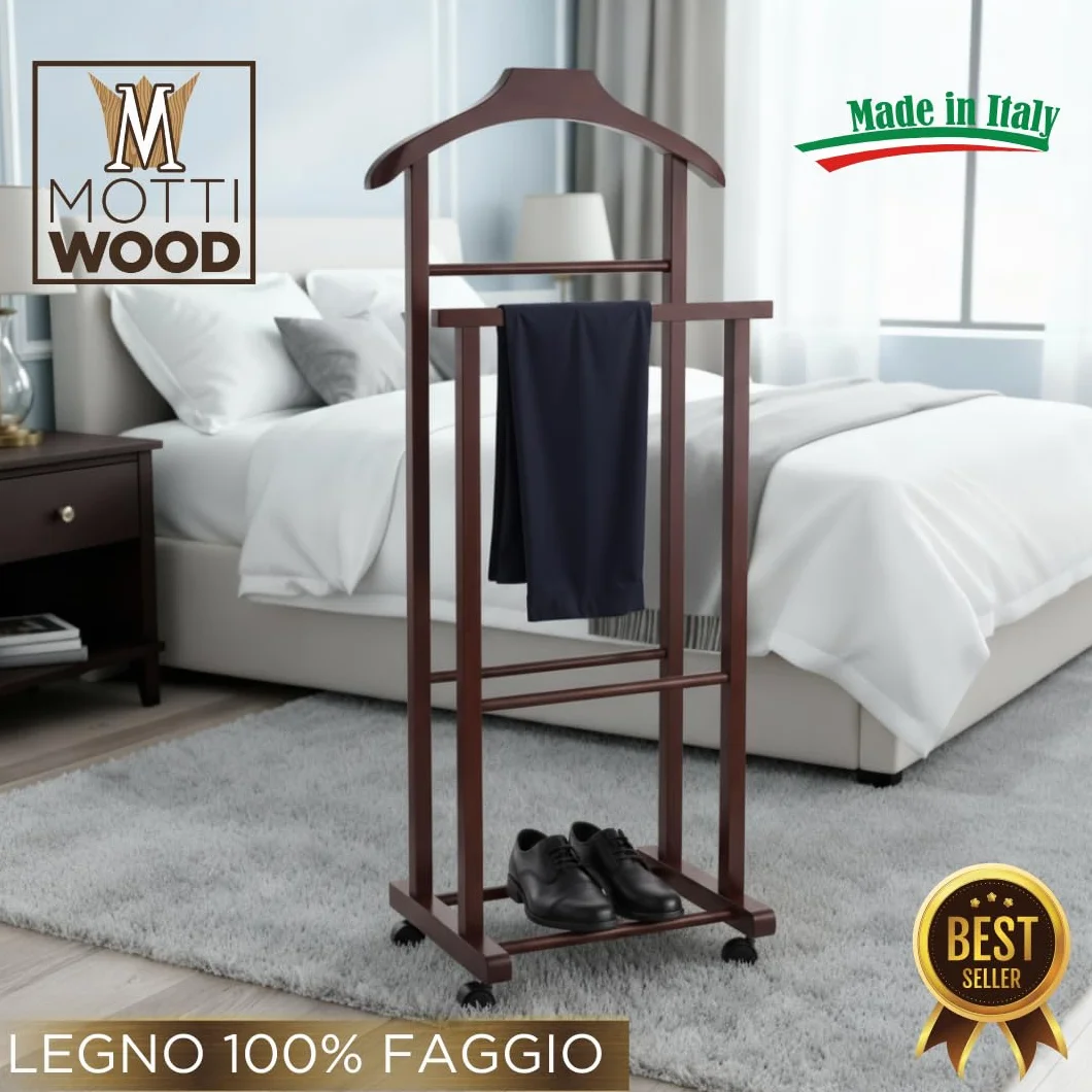 Juego de 2 percheros para dormitorio, color nogal, madera de haya natural, servo mudo doble con 4 ruedas, fabricado en Italia (2 unidades)