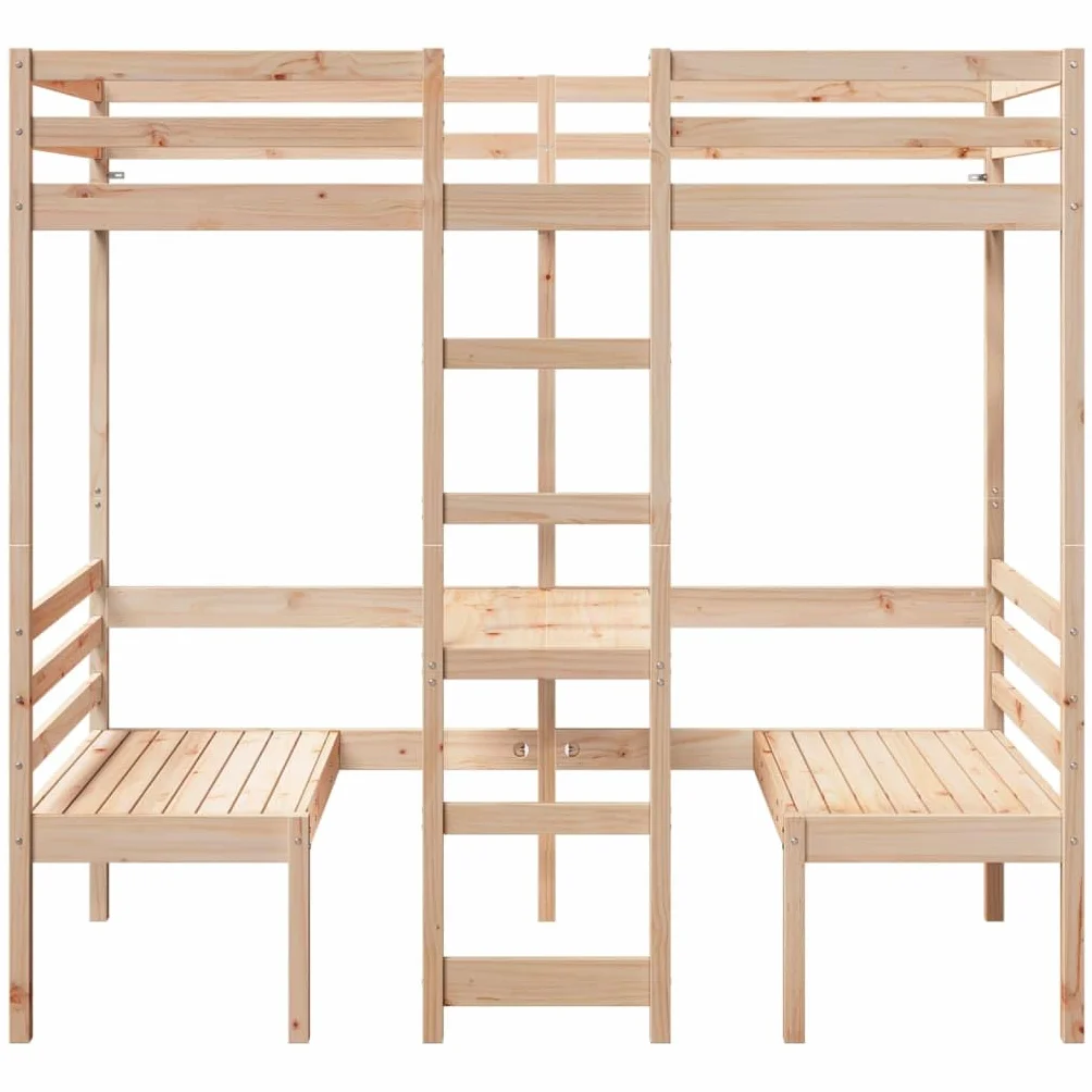 Cama alta 90 x 190 cm de madera maciza de pino con escritorio y 2 sillas, marco de cama para niños y jóvenes, muebles seguros para dormir