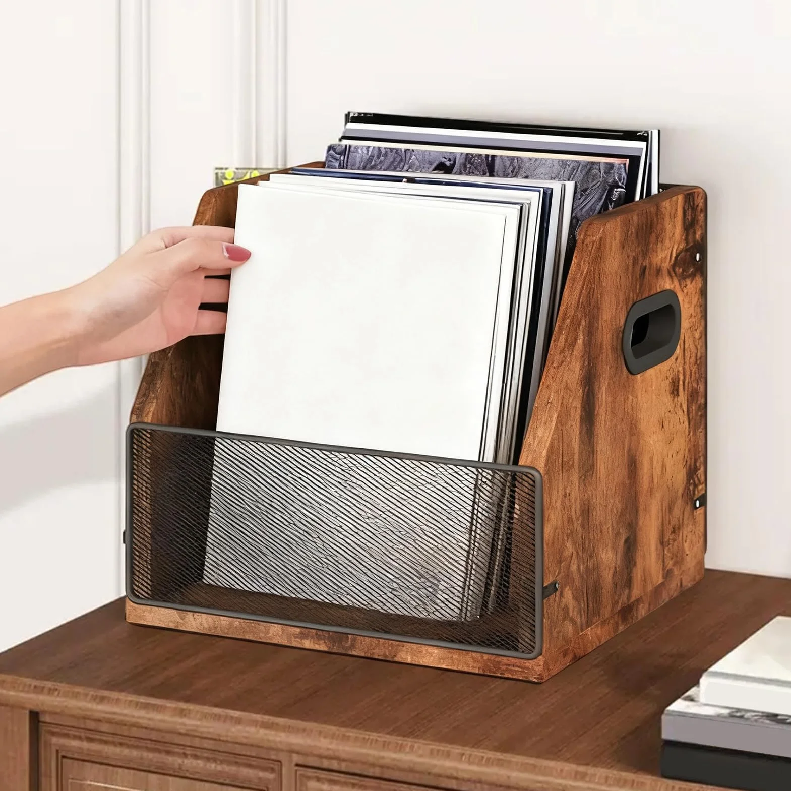 Soporte para Discos Organizador de Álbumes Retro de Madera | Soporte De Discos Para Escritorio Para Sala Dormitorio Apartamento Garaje Armario Jóvenes Adultos Amantes Música