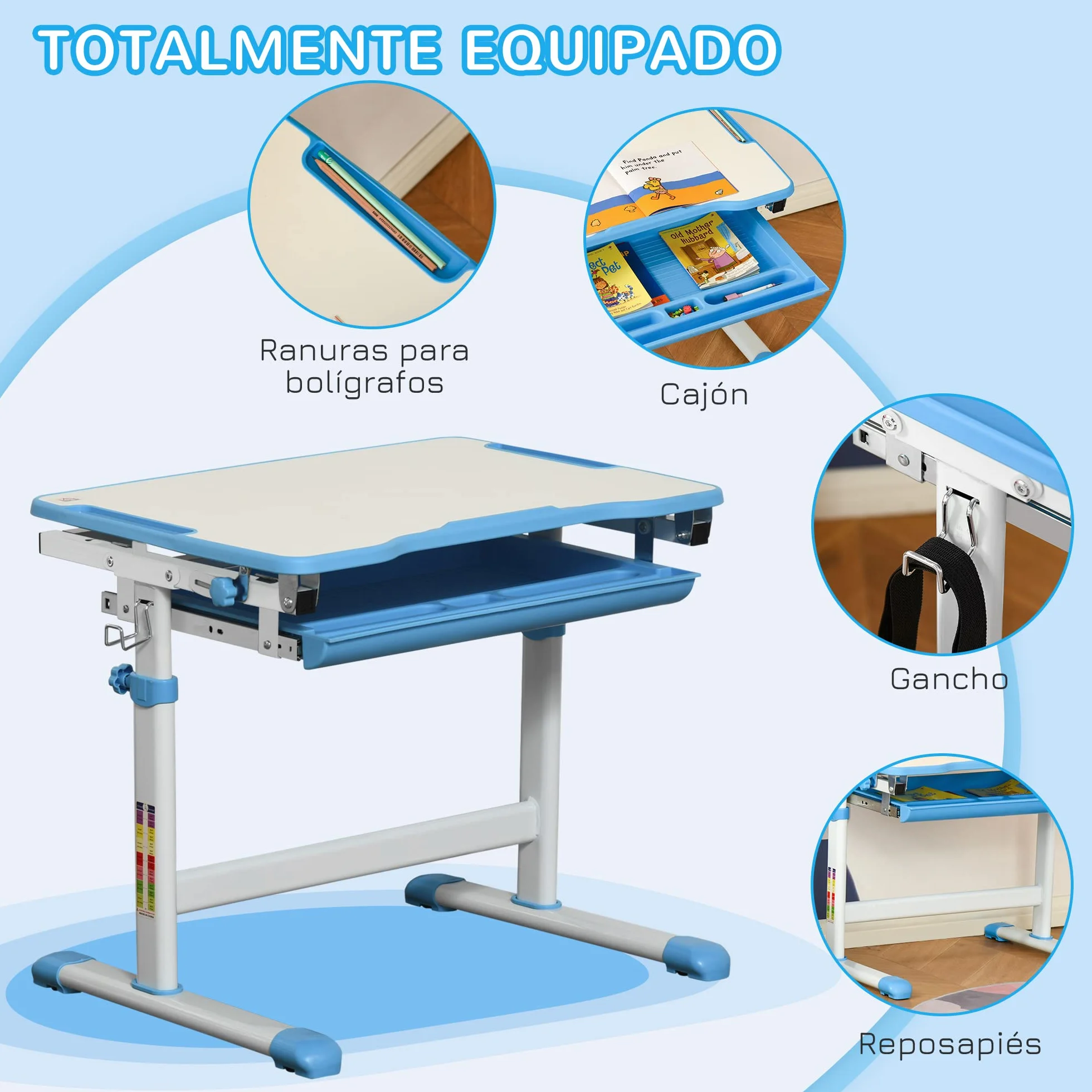 HOMCOM Pupitre Infantil 2 en 1 Escritorio y Silla Ajustable para Niños +6 Años Mesa Regulable Ángulo Bandeja Deslizante 66x47x77 cm Azul