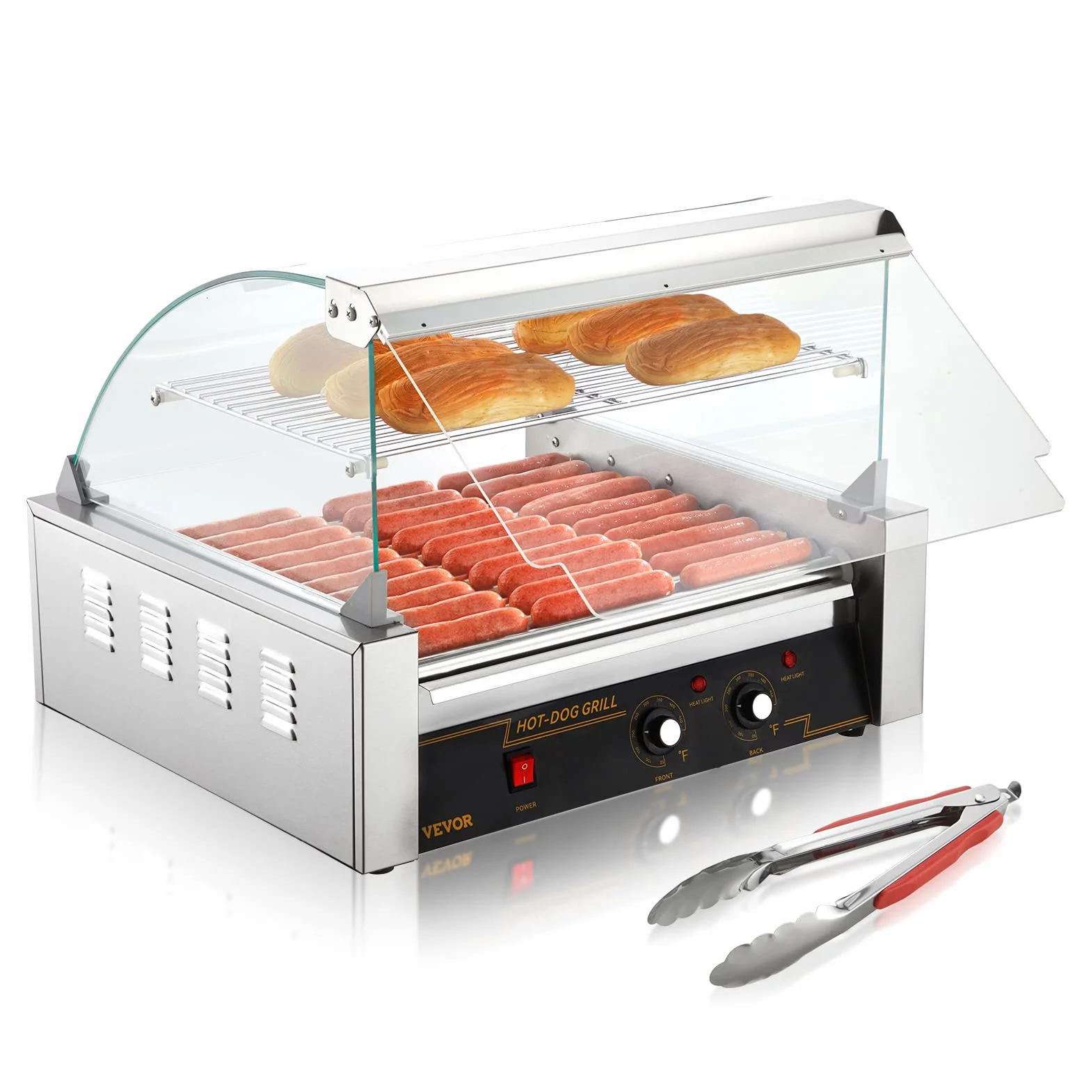 VEVOR Máquina de Rodillos para Perros Calientes de 56,2 x 47,5 x 44,2 cm con una Parrilla de Acero Inoxidable de Calidad Comercial, 50 °C-250 °C, 2,2 kW, para Puestos de Comida, Fiestas y Barbacoas