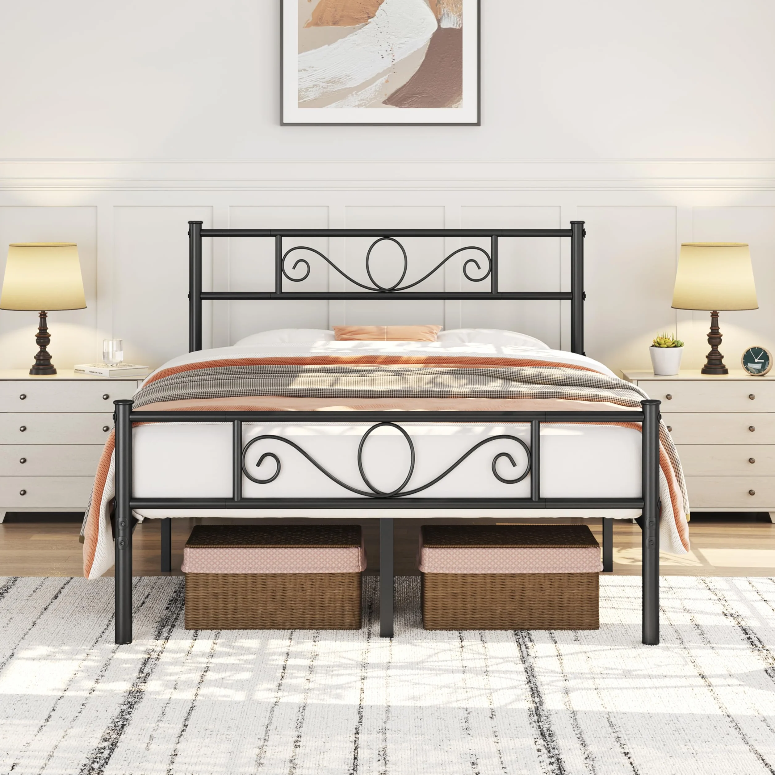 Yaheetech Cama Doble Hierro para Colchón de 135 x 190 cm Estructura Industrial de Metal Negro, Marco Base
