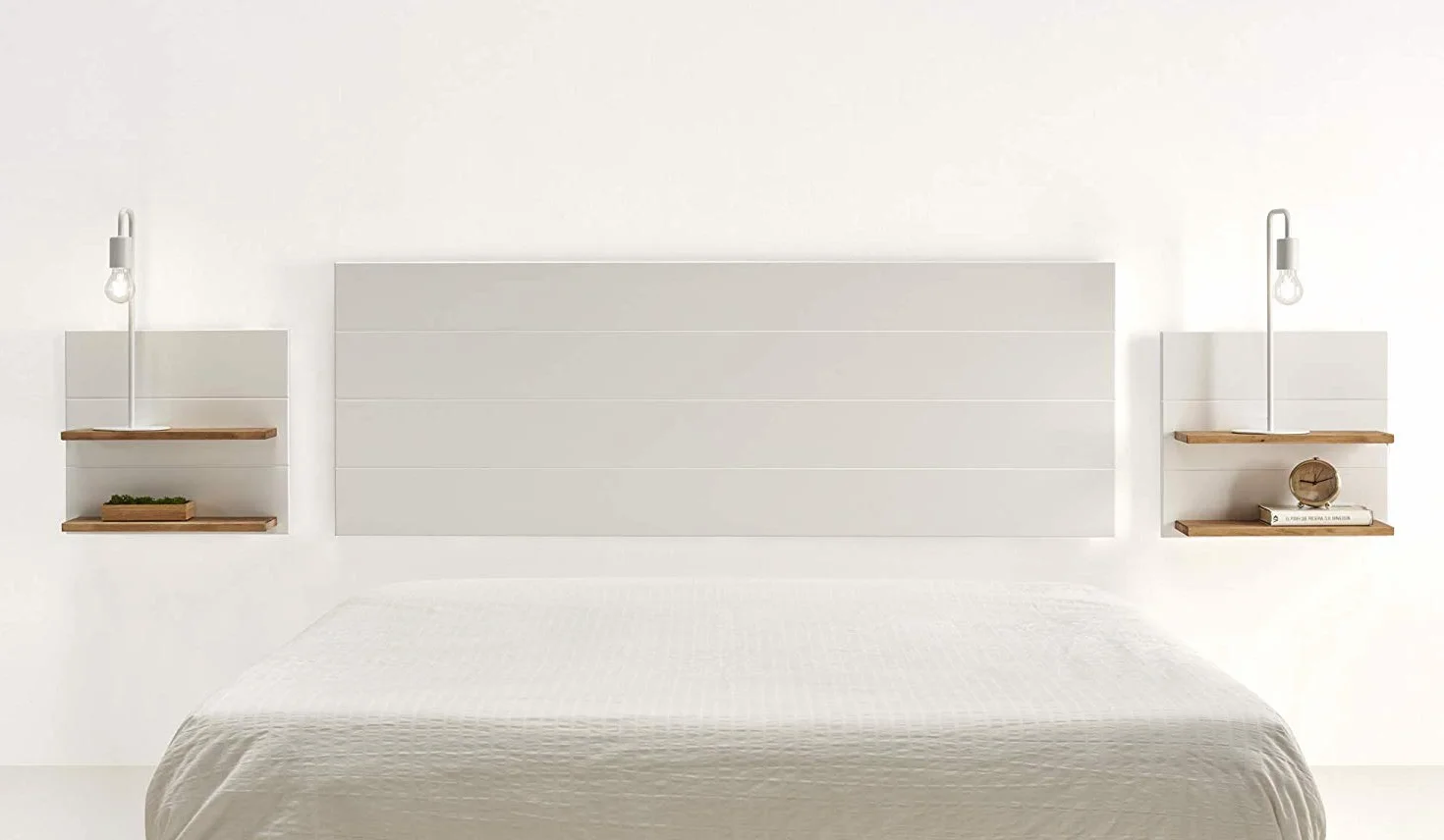 HOGAR24 ES Cabecero Madera Blanca + 2 mesitas con estantes Combinado Madera Maciza Natural Encerado y Fondo Blanco, Medidas cabecero; 155 x 60 x 2 cm