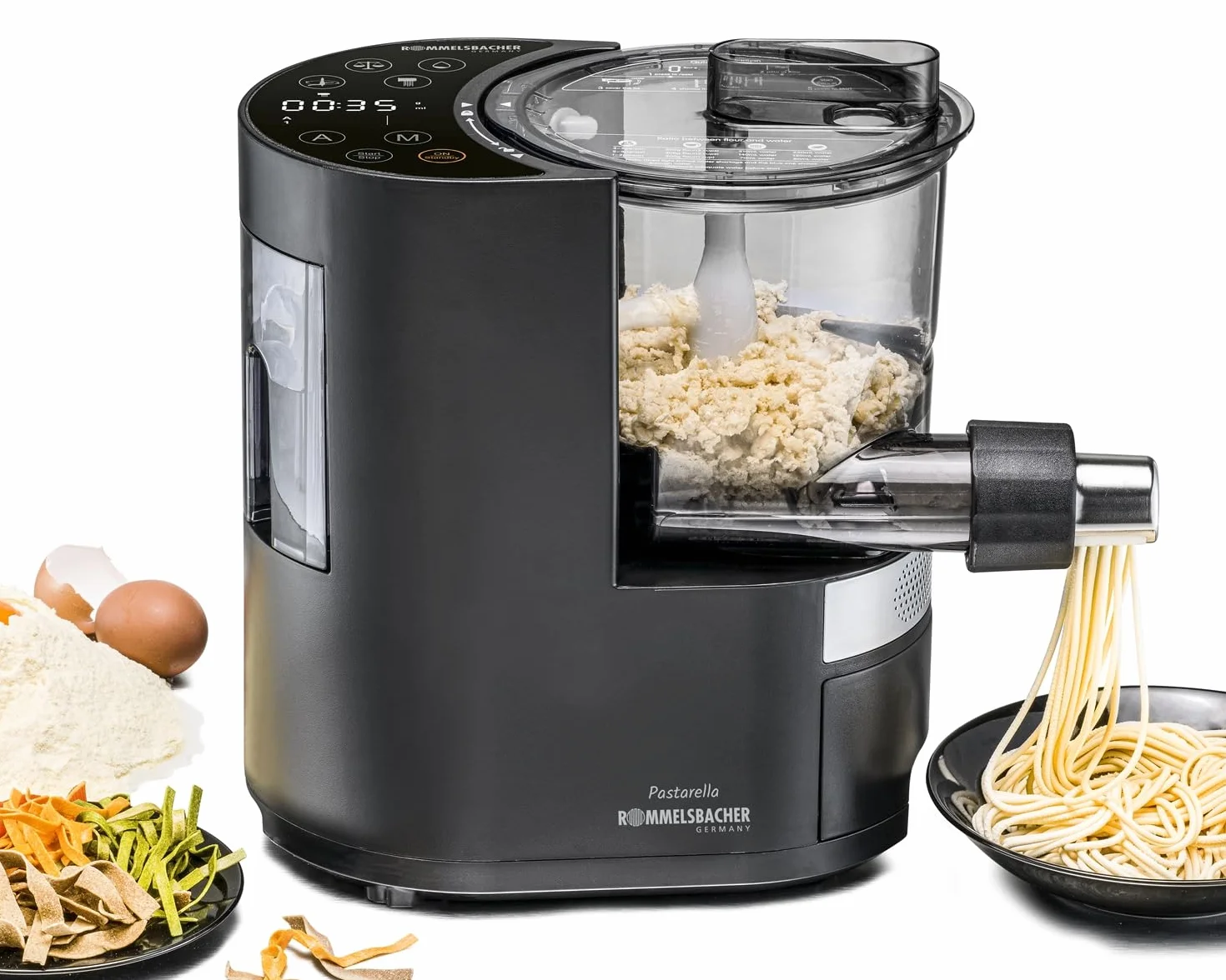 ROMMELSBACHER Máquina de pasta eléctrica PM 220 – hasta 800 g, báscula integrada, suministro de agua controlado, 6 programas totalmente automáticos, tornillo prensado de acero inoxidable, 7 moldes