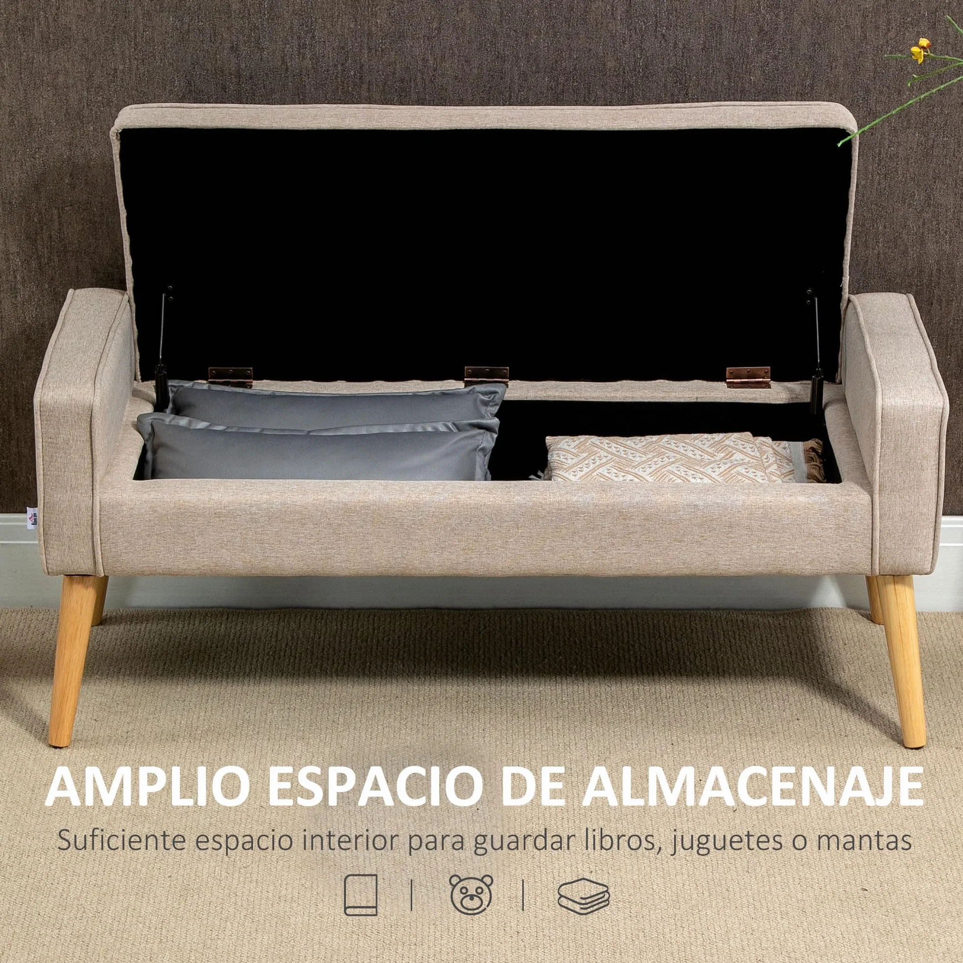 HOMCOM Puff Almacenaje Banco Almacenaje Tapizado en Lino Sintético con Tapa Abatible y Patas de Madera para Dormitorio Salón Entrada Carga 120 kg 120x45x54 cm Beige