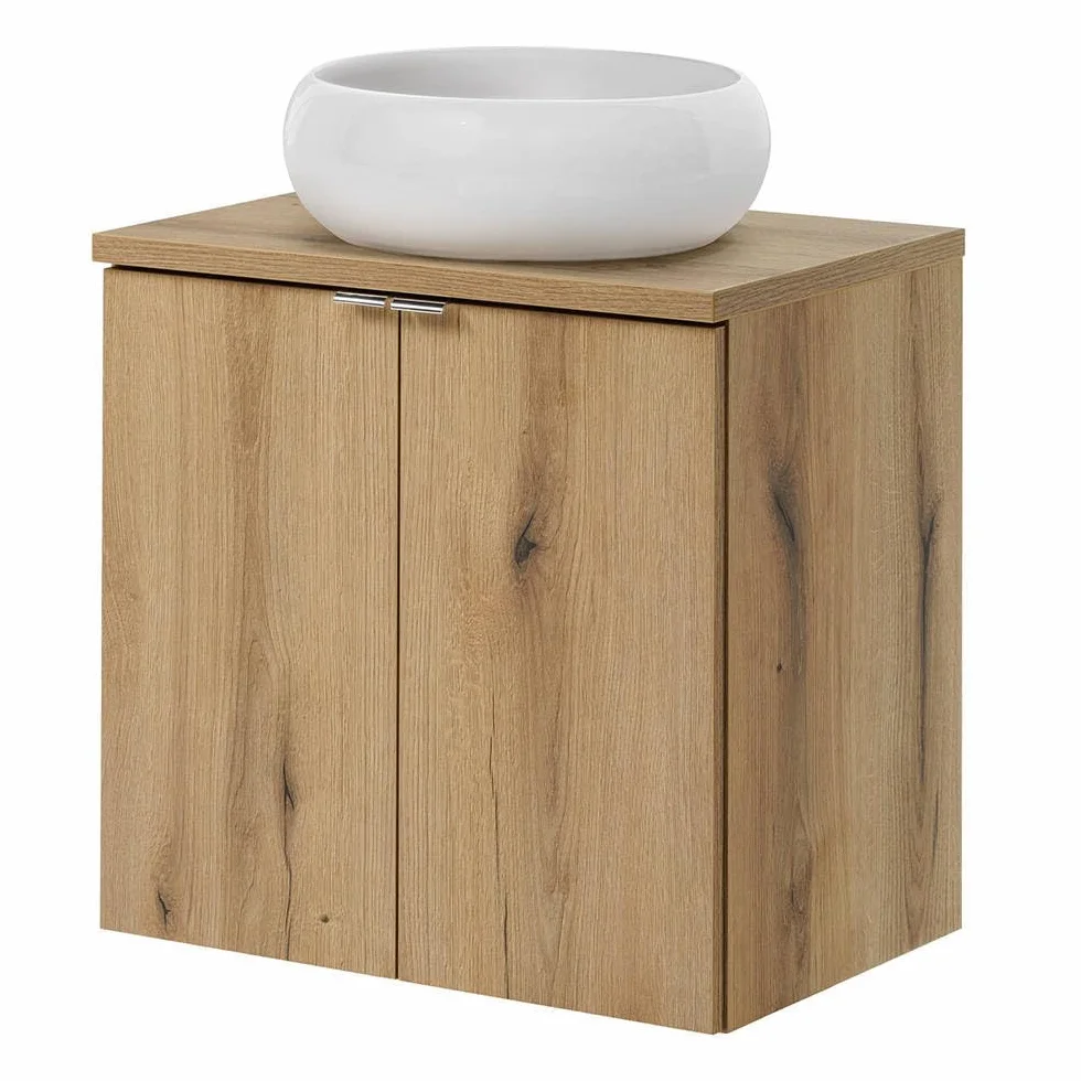 [en.casa] Mueble de Baño con Lavabo Redondo Newport Instalación Mural Armario Baño con 2 Puertas y Encimera 1 Lavabo de Cerámica MDF 60x72x40cm - Roble