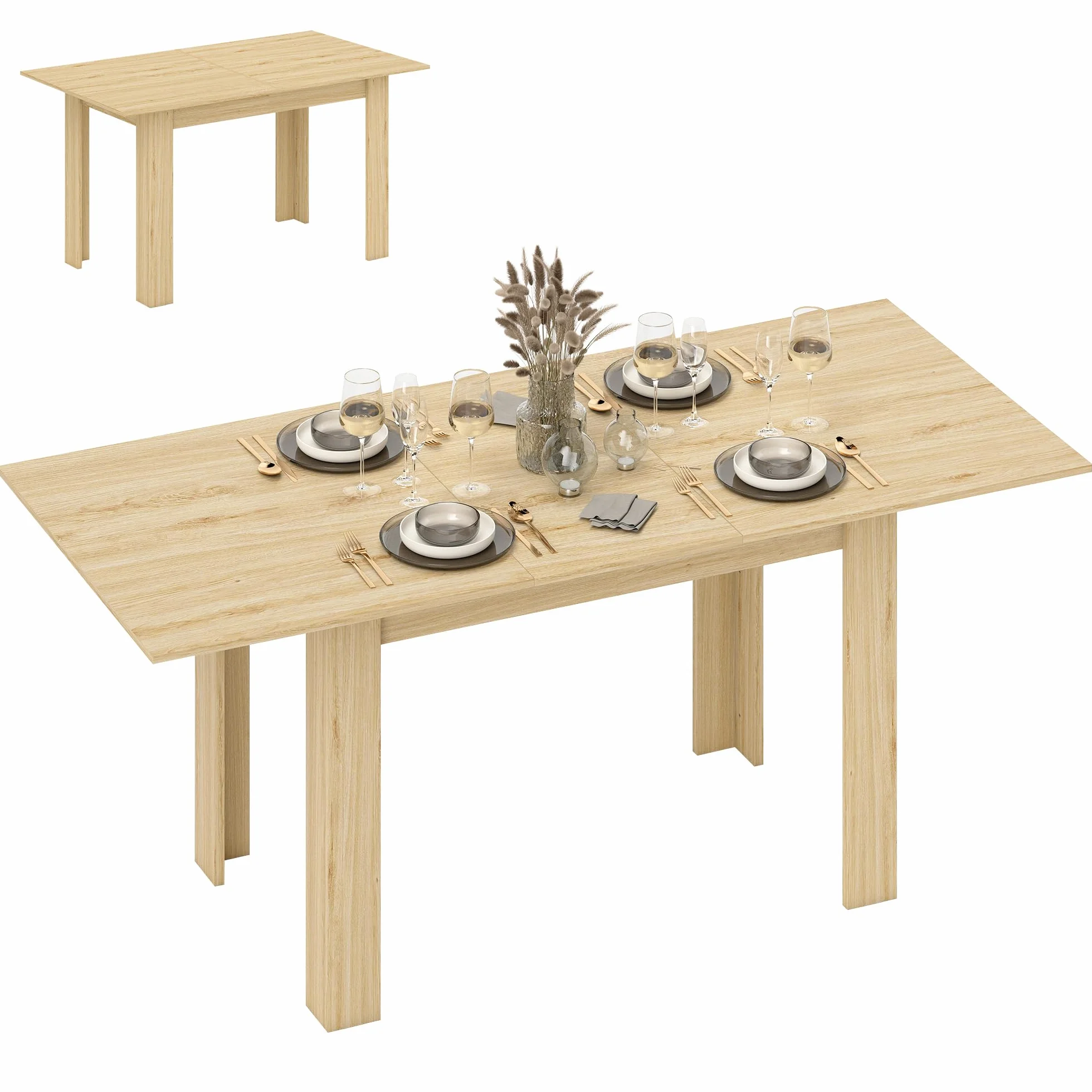 HOMCOM Mesa de Comedor Extensible 140-180x90x75 cm Madera Natural | de 140 a 180 cm, Mesa de Cocina Extensible Rectangular, para 6-8 Personas, para Salón