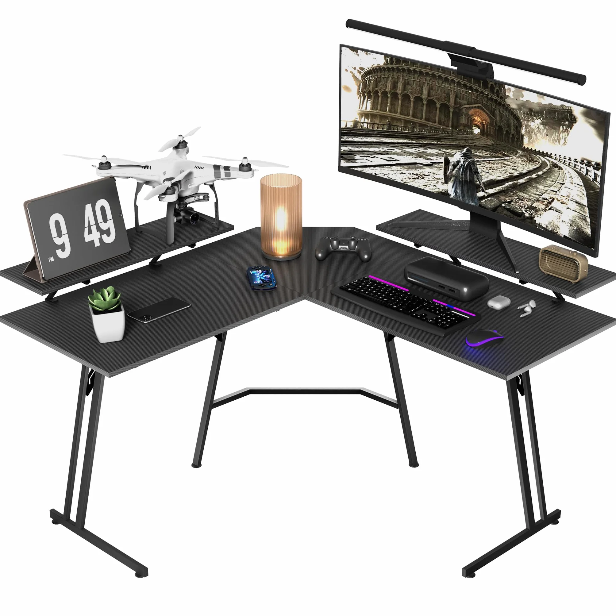 XMTECH Mesa de gaming, 120 x 50 x 73 cm, escritorio para ordenador con 2 soportes de monitor, escritorio para juegos en forma de L, mesa para PC con superficie de fibra de carbono, color negro