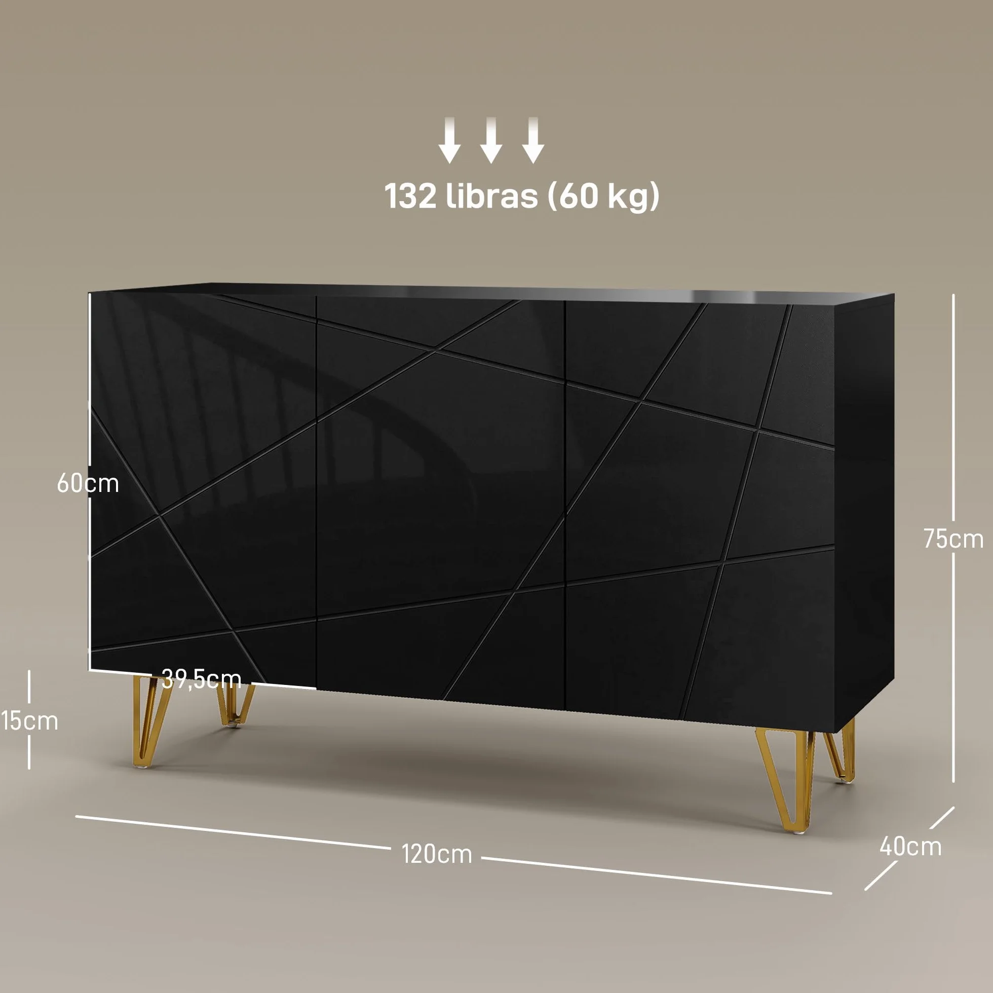 HOMCOM Aparador para Salón Aparador de Entrada con 3 Puertas y Estantes Ajustables Armario de Almacenamiento para Cocina Sala 120x40x75 cm Negro Brillo