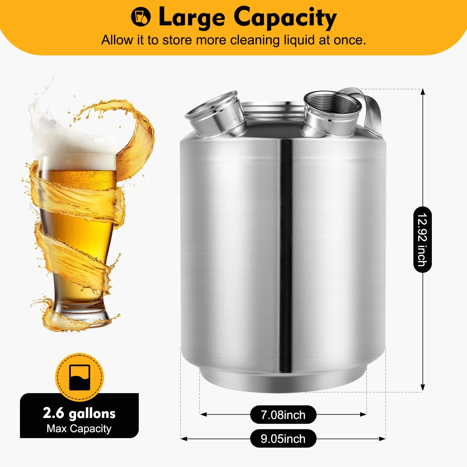 Barril de limpieza de cerveza, 10 l, dispositivo de limpieza con tapa, 3 cabezales, depósito de limpieza, limpiador de tuberías de cerveza, incluye pinchos A, S, G