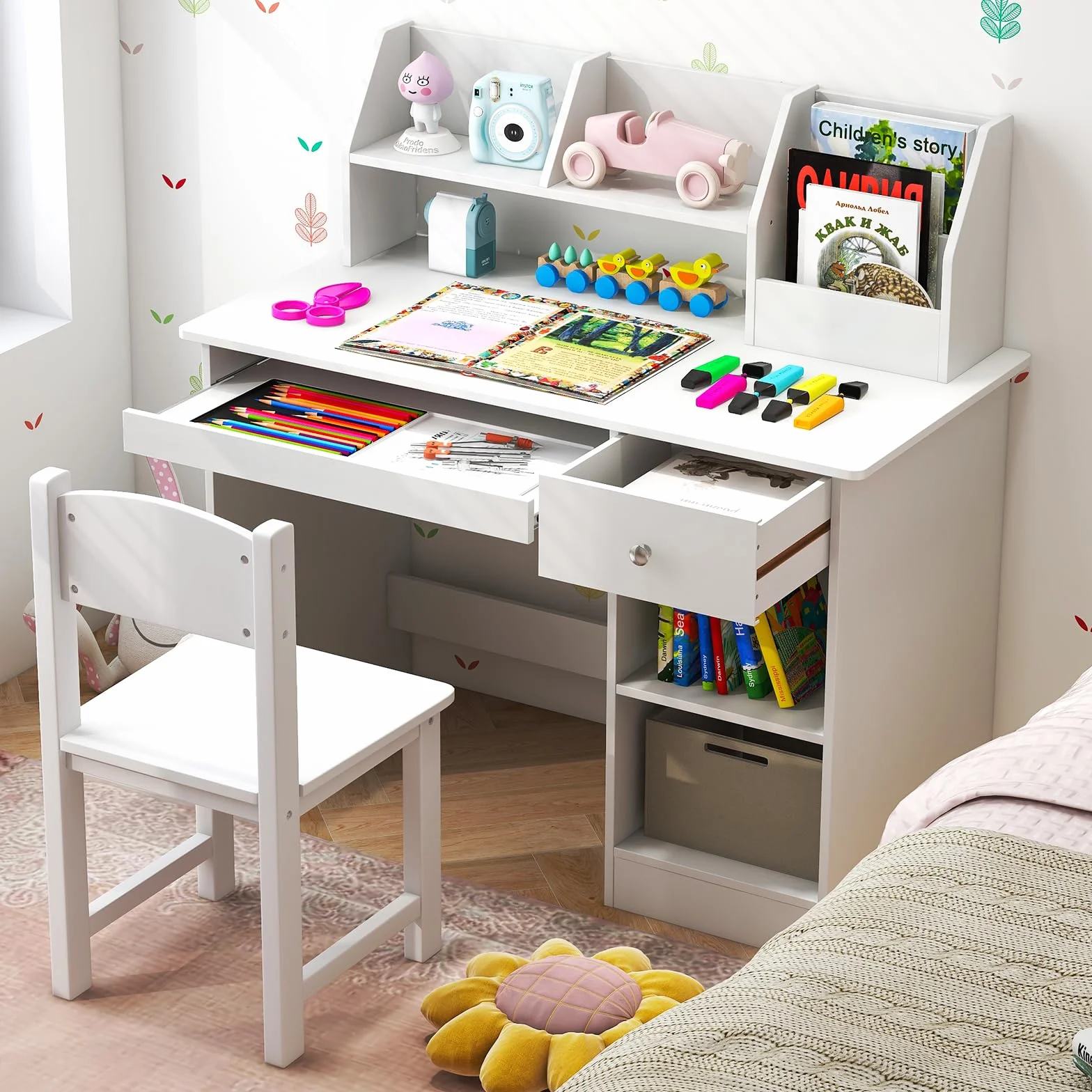 GOPLUS Escritorio Infantil de Madera con Cajón, Mesa Juvenil 3 en 1, 90 x 45 x 90 cm Blanco