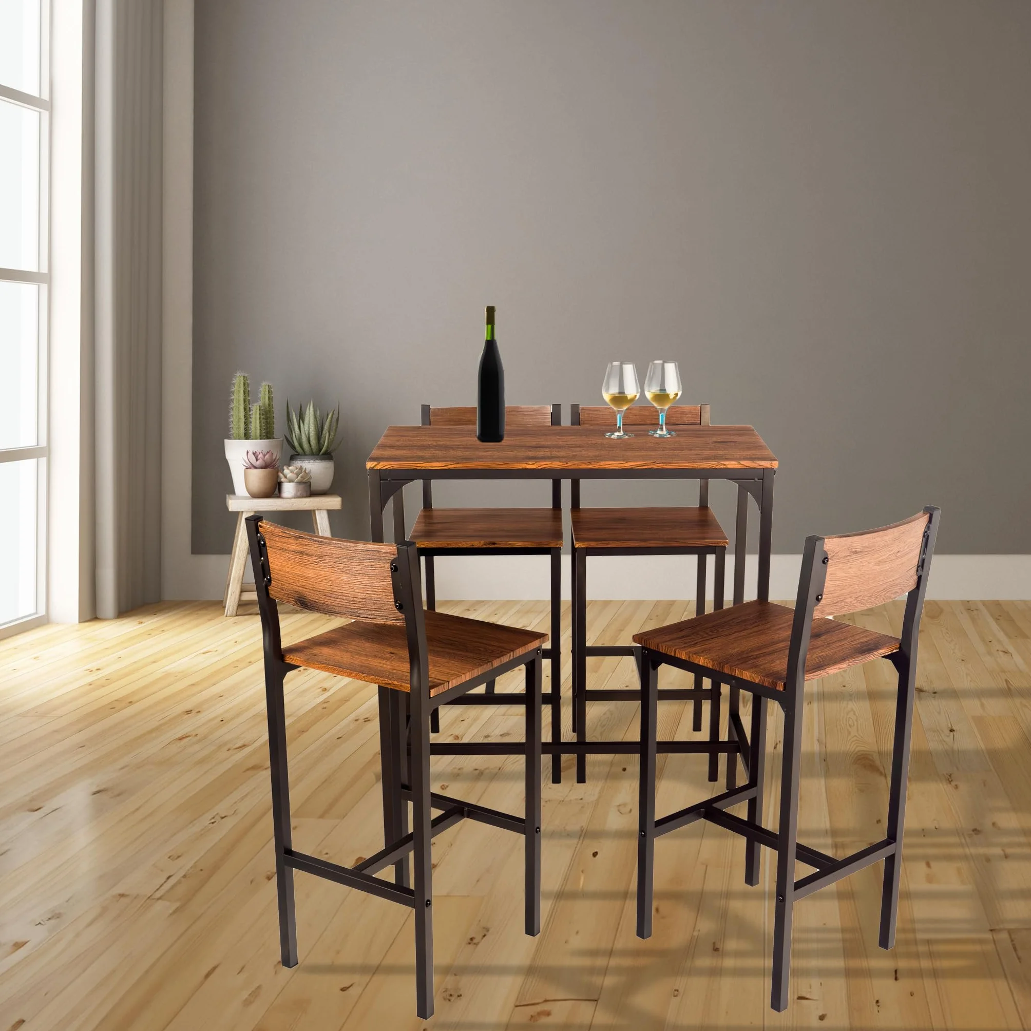 YELLOO Venice Set Mesa de Bar y 4 Taburetes Color Marron Design Sillas