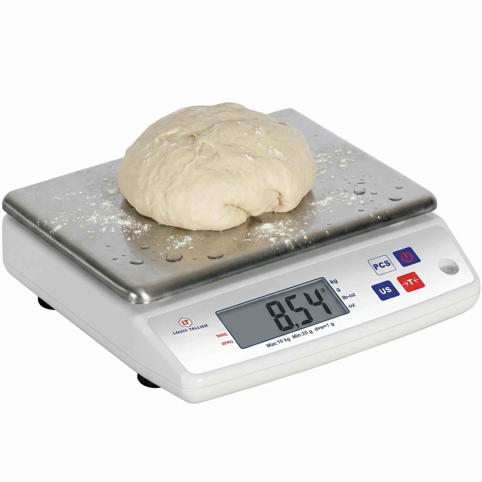 LOUIS TELLIER - Balanza Electrónica Profesional – 10 kg - IP53 - Precisión 1 g - Bandeja Extraíble de Acero Inoxidable - Cocina - Panadería – 22 x 16,5 cm