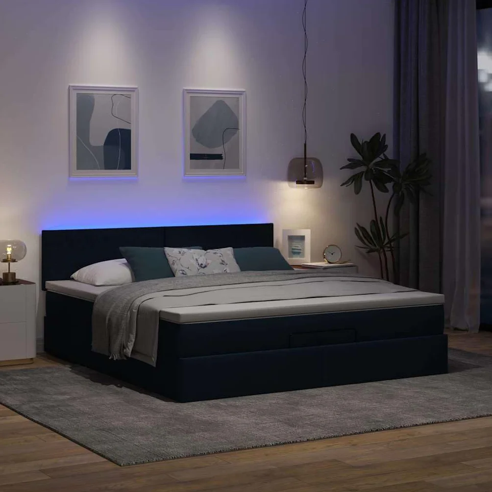 Cama otomana con colchón, 160 x 200 cm, cama de almacenamiento, en color azul, LED, cabecero de invitados, cama de invitados, comodidad para jóvenes y adultos, para dormitorios y habitaciones