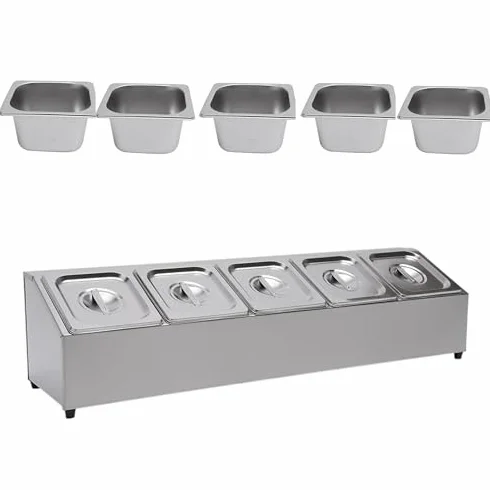 Caja de especias de acero inoxidable, estación de pizza, organizador, dispensador de especias con 6 sartenes y tapas 1/6, recipiente para especias de acero inoxidable, estante para condimentos