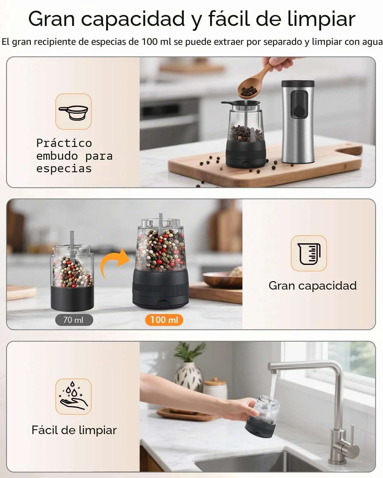 AMOSA Juego de Molinillo Pimienta Electrico de Sal, con 5 Tamaños de Grano & 2 Velocidades Ajustables, Base Recargable con Pantalla de Batería, Saleros de Cocina Automática acero Inoxidable con LED