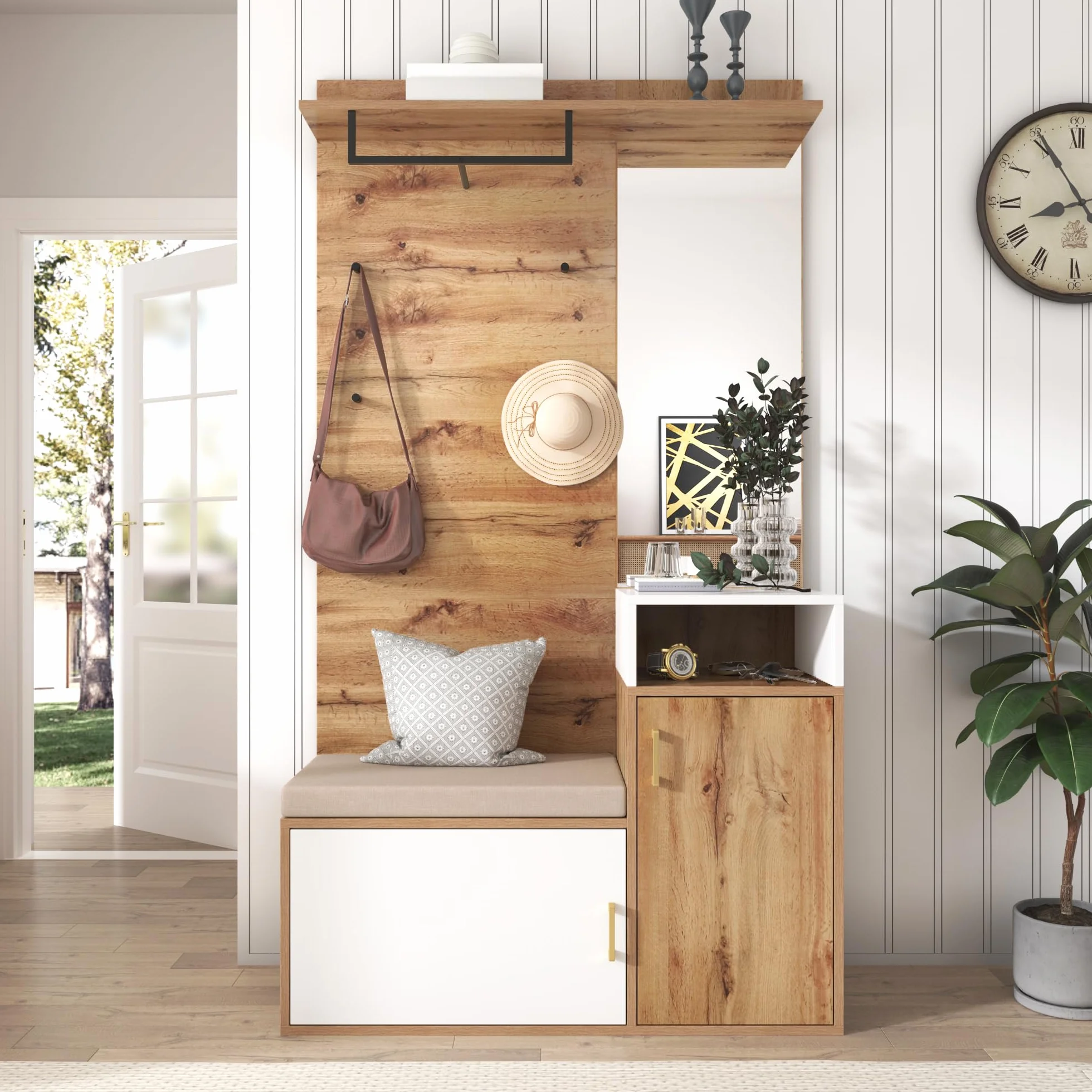 LAKFEW Juego de Perchero con Espejo, Perchero Zapatero con 4 Ganchos y 2 Puertas, Conjunto de Percheros Mueble Recibidor Entrada con Estante de Almacenamiento, 105x40x190.5 cm, Color Madera+Blanco