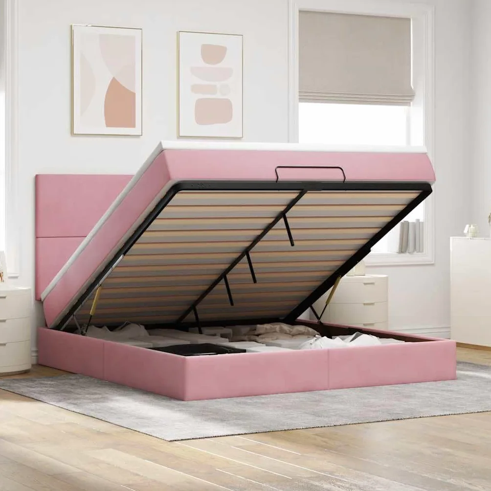 Cama otomana rosa de terciopelo 180 x 200 cm, con colchón de muelles ensacados LED y gran espacio de almacenamiento para jóvenes y habitaciones de invitados