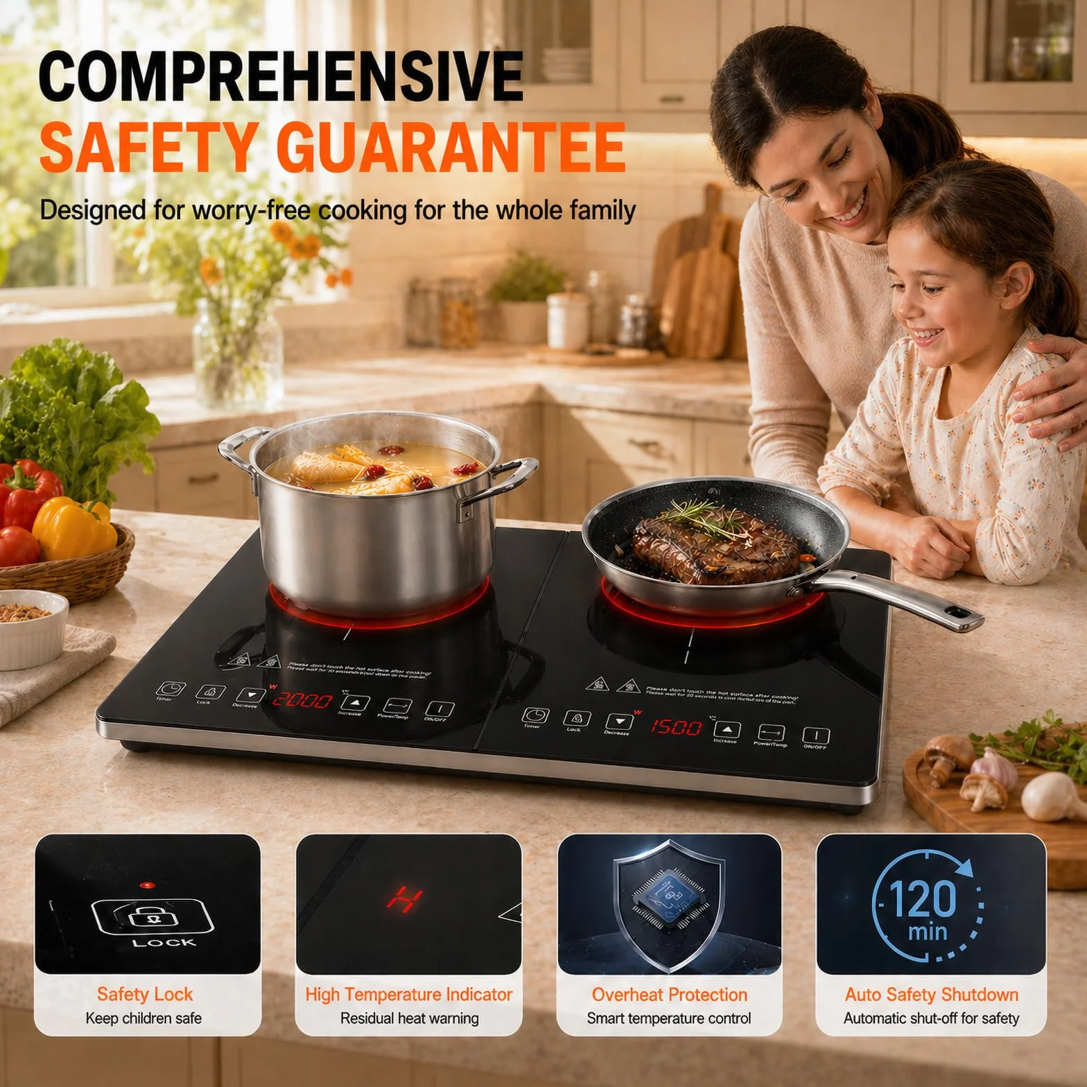 AMZCHEF Placa Inducción 2 Fuegos, Placa de Inducción Doble con Control Independiente, Bisel de Plata de Moda, 20 Niveles de Temperatura, Múltiples Niveles de Potencia, Temporizador de 3 Horas, 3500W