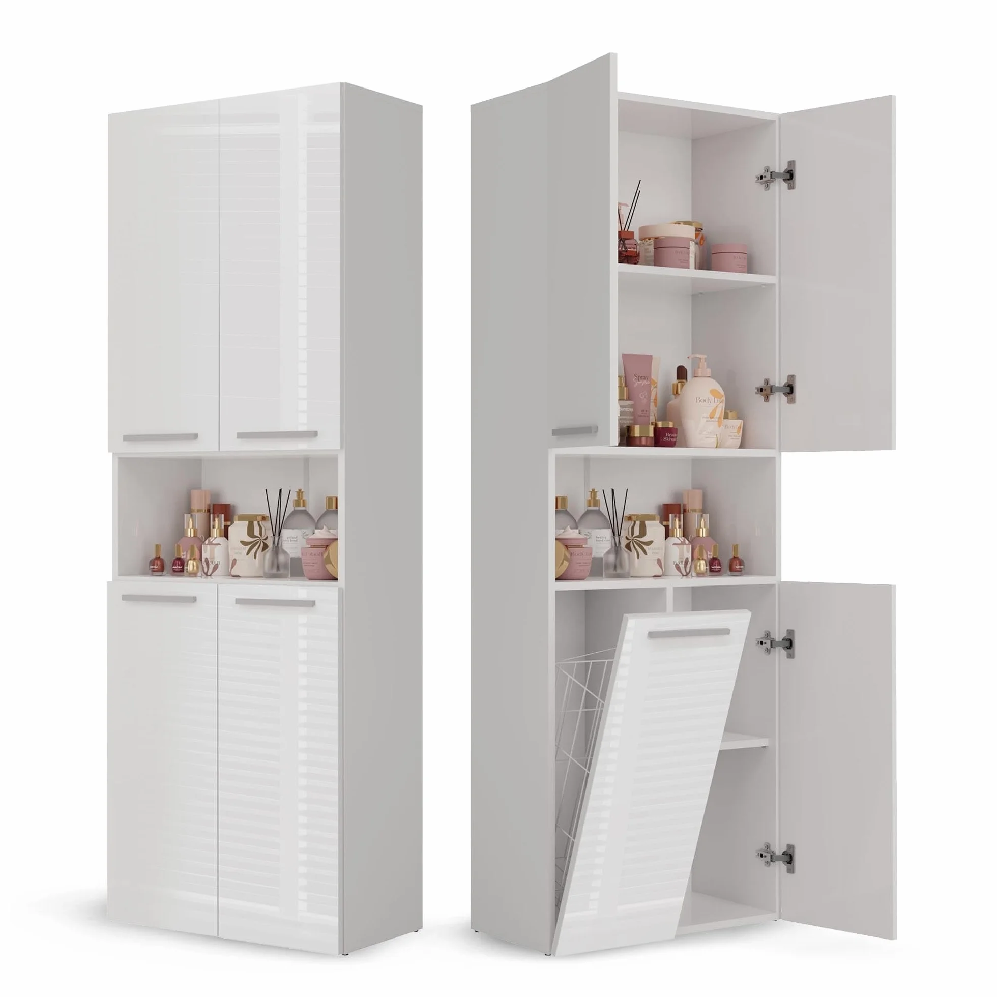 CDF Armario de Baño con 1 Cesto Ropa Sucia, Armario Alto, Bolsa de Ropa Extraíble con Asas Compartimento con Puerta 30 x 60 x 174 cm Bianco Brillo Montaje Sencillo