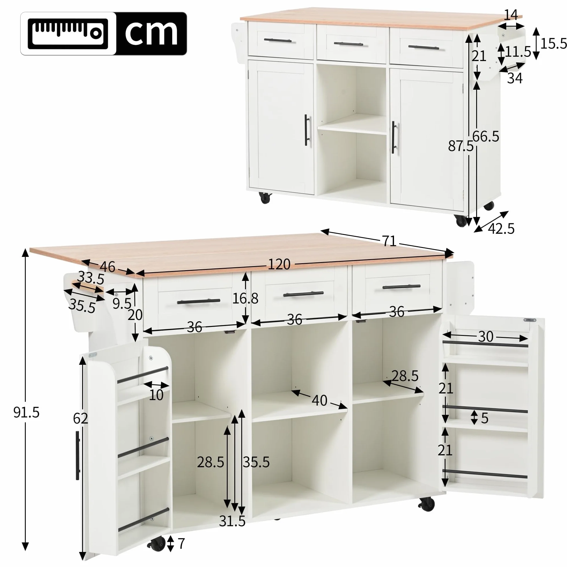 Isla de cocina con superficie de trabajo abatible, isla de cocina móvil con carro de servir sobre ruedas con 3 cajones/2 compartimento cerrado/patas intercambiables de madera maciza, 129x46(71
