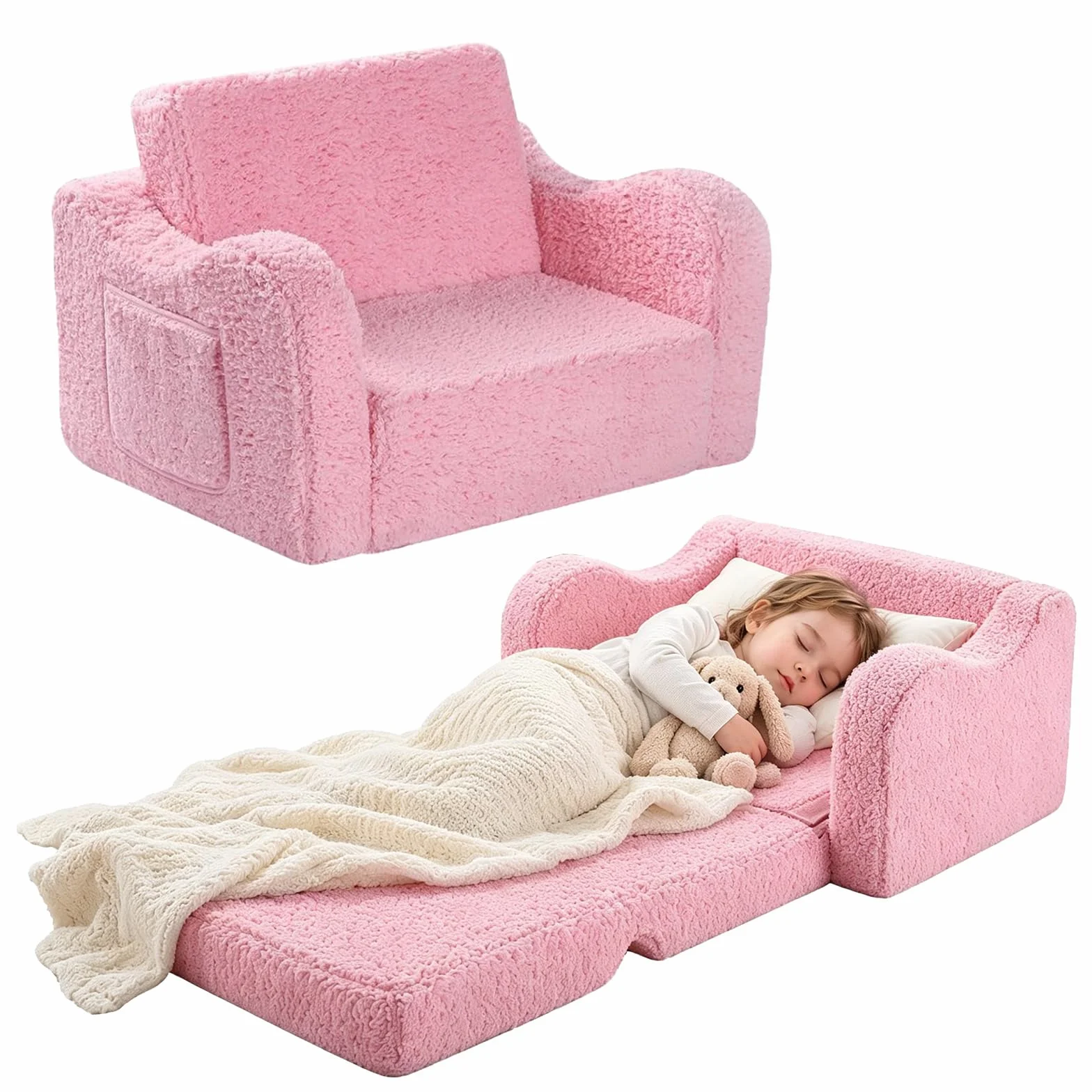 MeYuxg 3 en 1 Sofa Infantil, Sillon Bebe para Niños y Niñas, Sillón Convertible y Cama Plegable, Mini Sofá, Regalo del Niño y Cumpleaños, Rosa