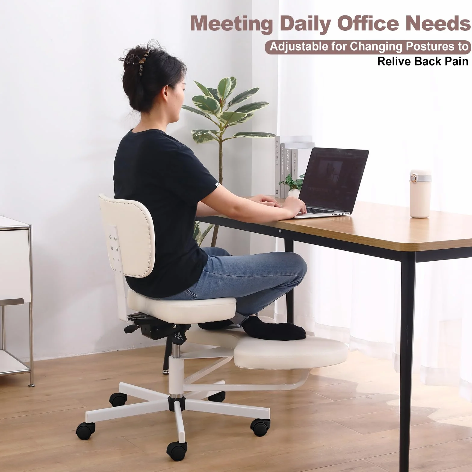 Silla ergonómica de meditación para TDAH, con soporte lumbar y ruedas, altura regulable, silla de oficina con patas cruzadas y reposapiés, color blanco