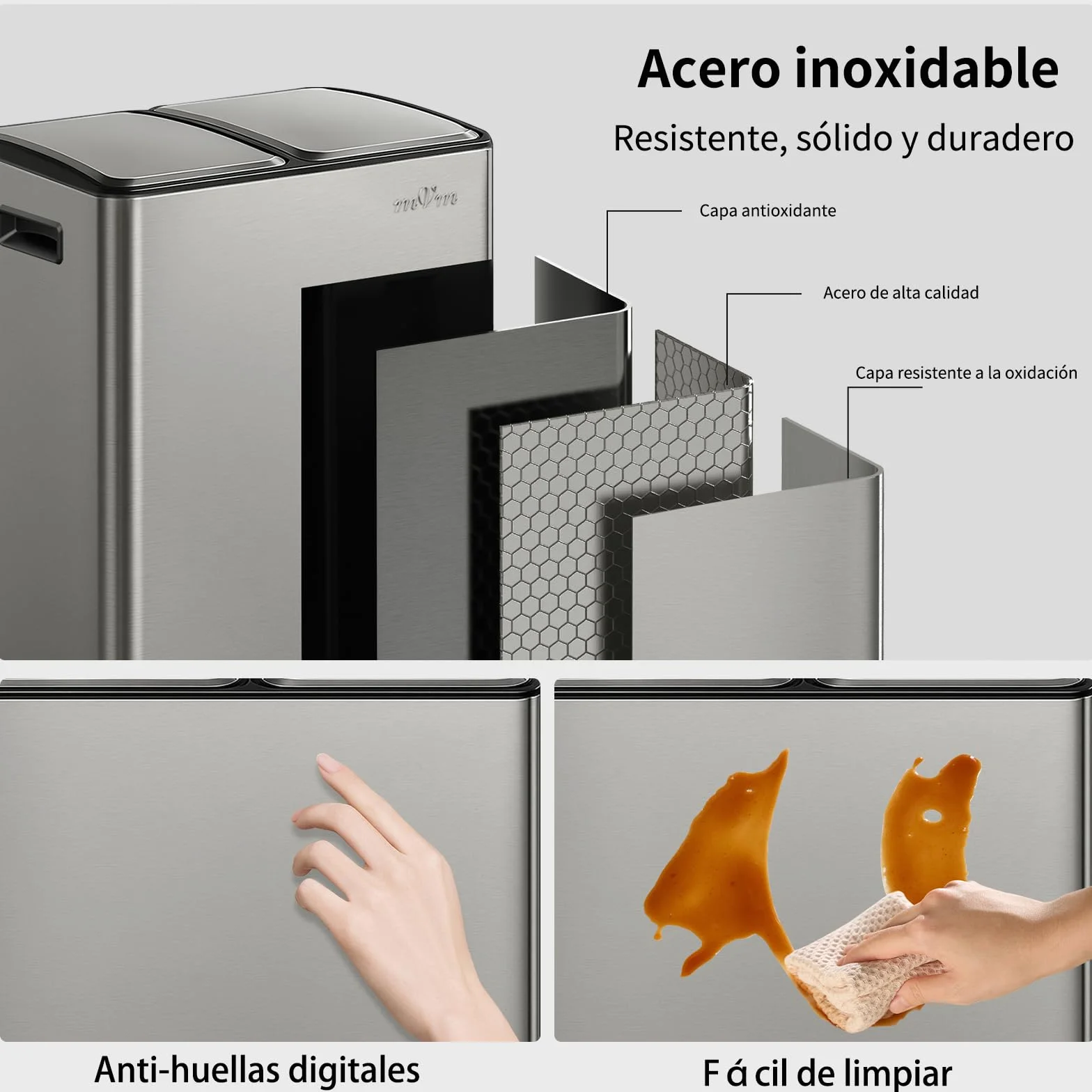 mVm Cubo de Basura Cocina, 2 Compartimentos 2 x 30L Papelera de Cocina de Acero Inoxidable con Pedales, Papelera Moderna y Robusta, Cierre Suave, para Cocina, Salón, Gris