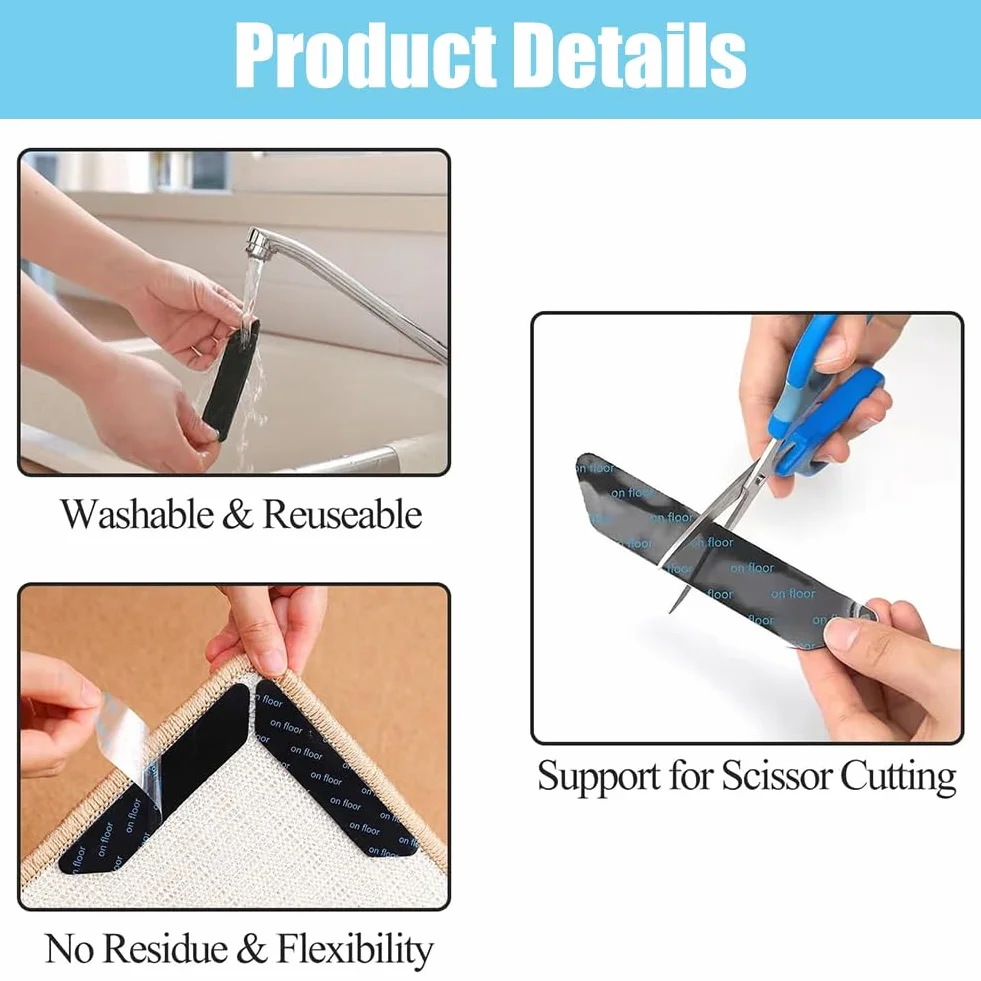 Antideslizante Alfombra Adhesivo, 16 Piezas Pegatinas de Alfombras, Pinzas para Alfombras Cinta Antideslizante para Alfombras Pinzas Lavable y Reutilizable Pinzas para Alfombras Antideslizante