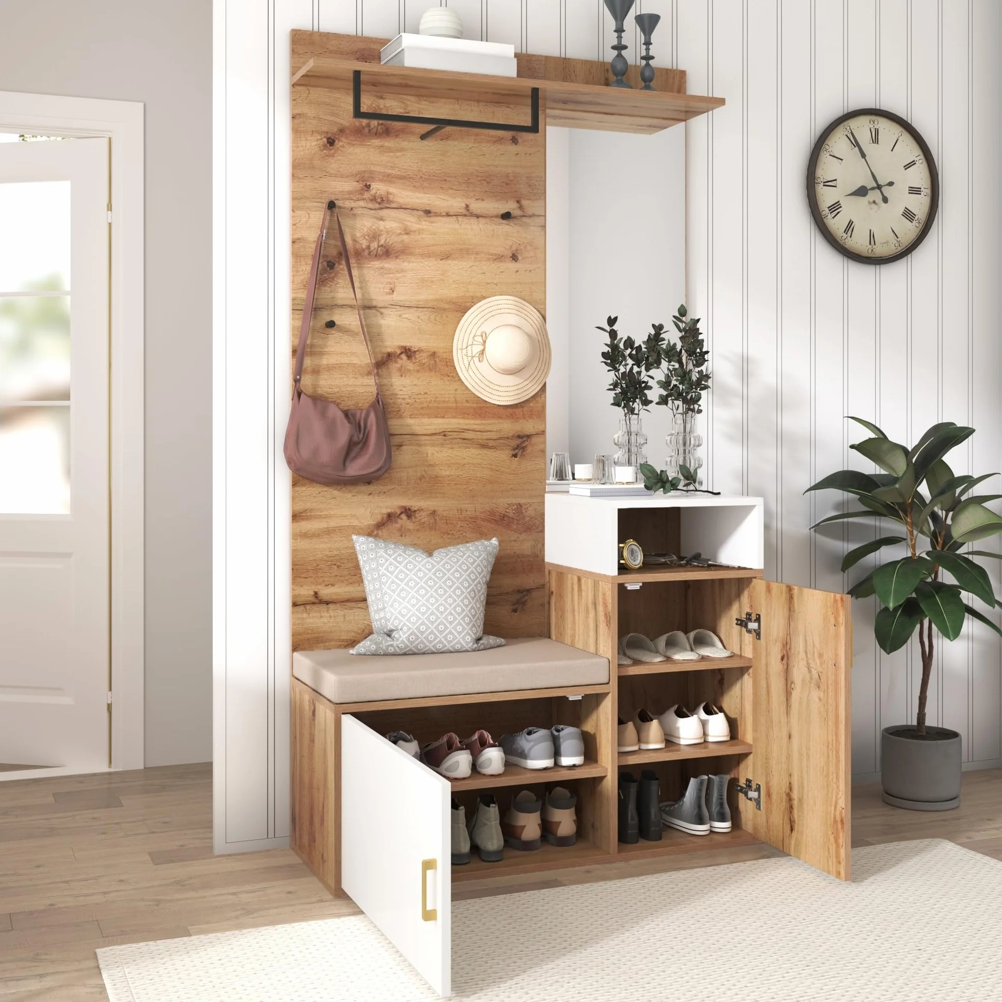 Conjunto de Recibidor de Entrada con Espejo y Ganchos, Perchero de Pared con Banco Zapatero, Juego de Mueble Recibidor con Espacio de Almacenamiento y Puertas, 190,5x105x40 cm, Natural+Blanco