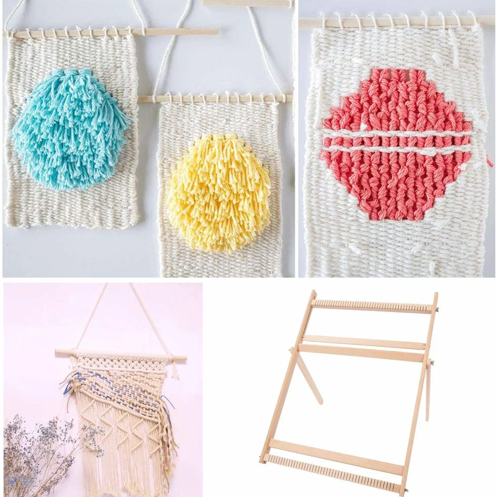 Telares con soporte, Kit de telar multiartesanía Marco de tejido ajustable Bufanda de madera maciza DIY Loom máquina de coser, para adultos