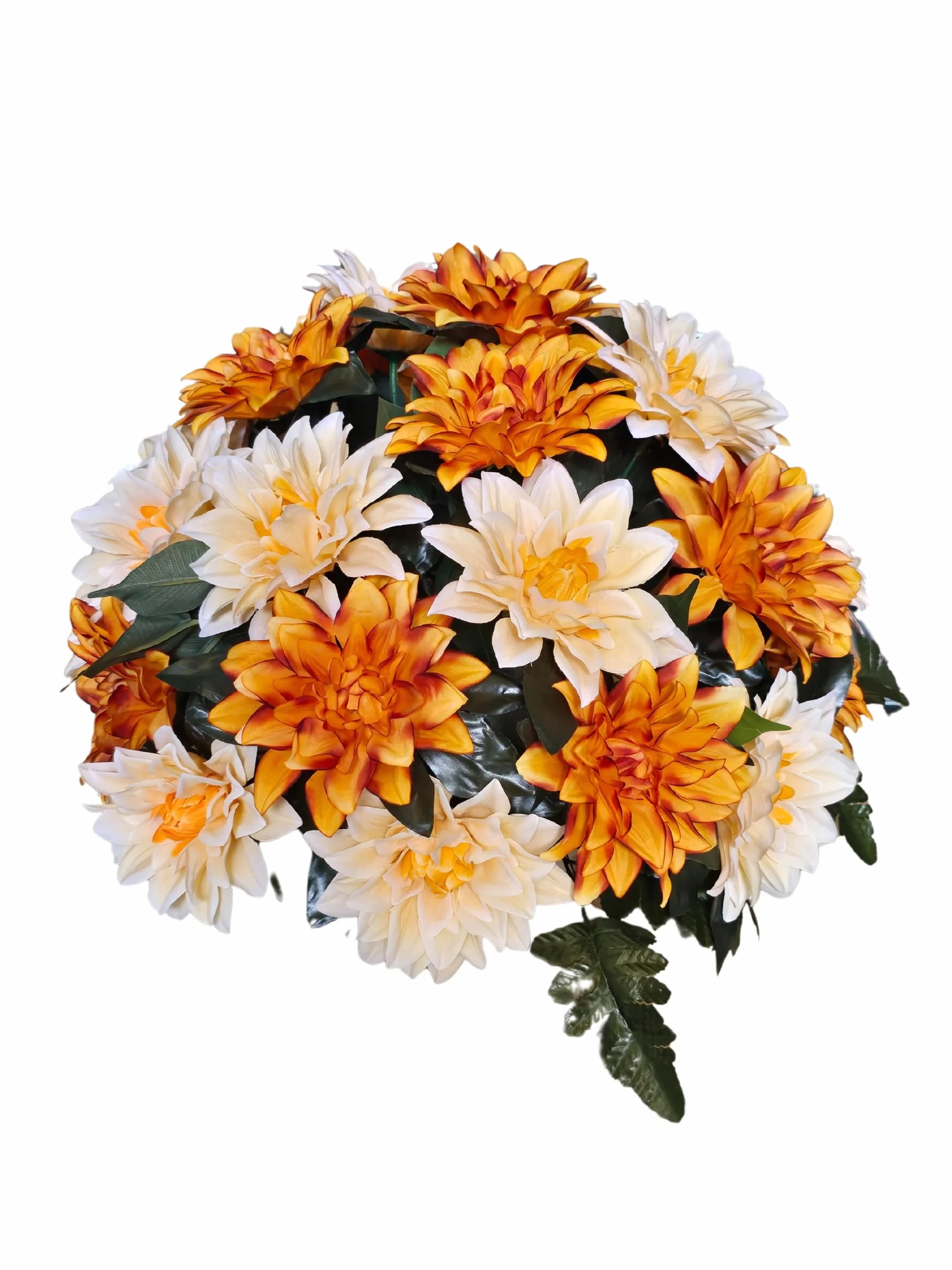 Centro de Flores Artificiales Cementerio, Iglesia Bodas sepulturas Malva y Blanco con dalias Naranjas y Amarillas Redondo 50x50x36 cm