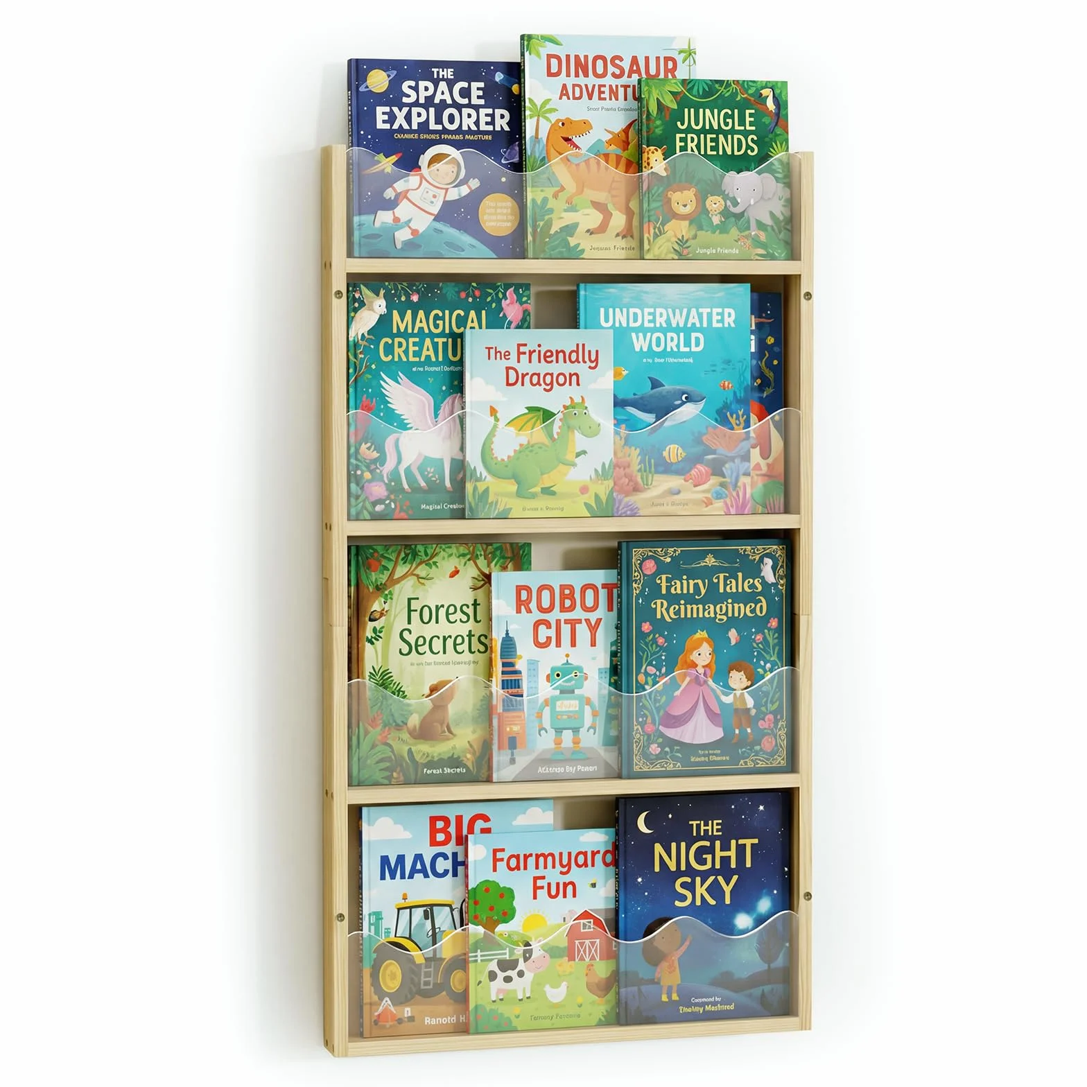Librería Infantil de Pared 4 Niveles Madera y Acrílico, Estantería para Libros Flotante Habitación Bebé, librería Montessori para bambinis, contenidos per libri per Bambini per angolo lettura